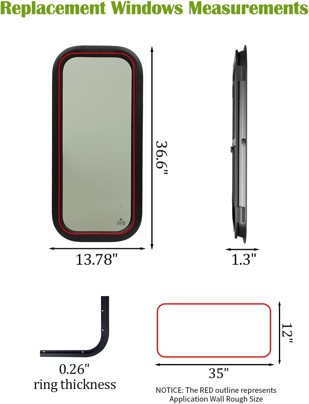 Fixed RV Window 12' W x 35' H, Replacement Camper Window, Teardrop Window with Trim Rings