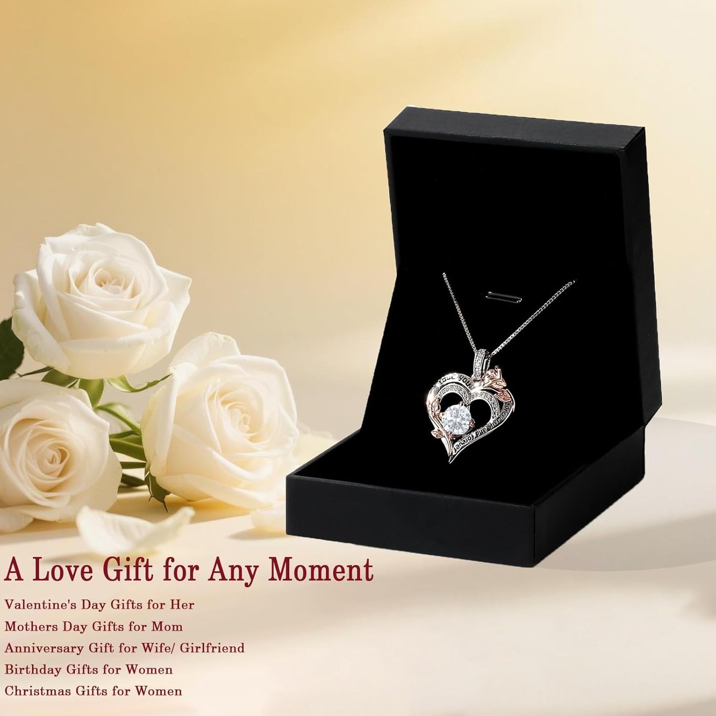 Rose Heart Necklaces for Women, Says 'I Love You', April Stone S925 Sterling Silver Jewelry
