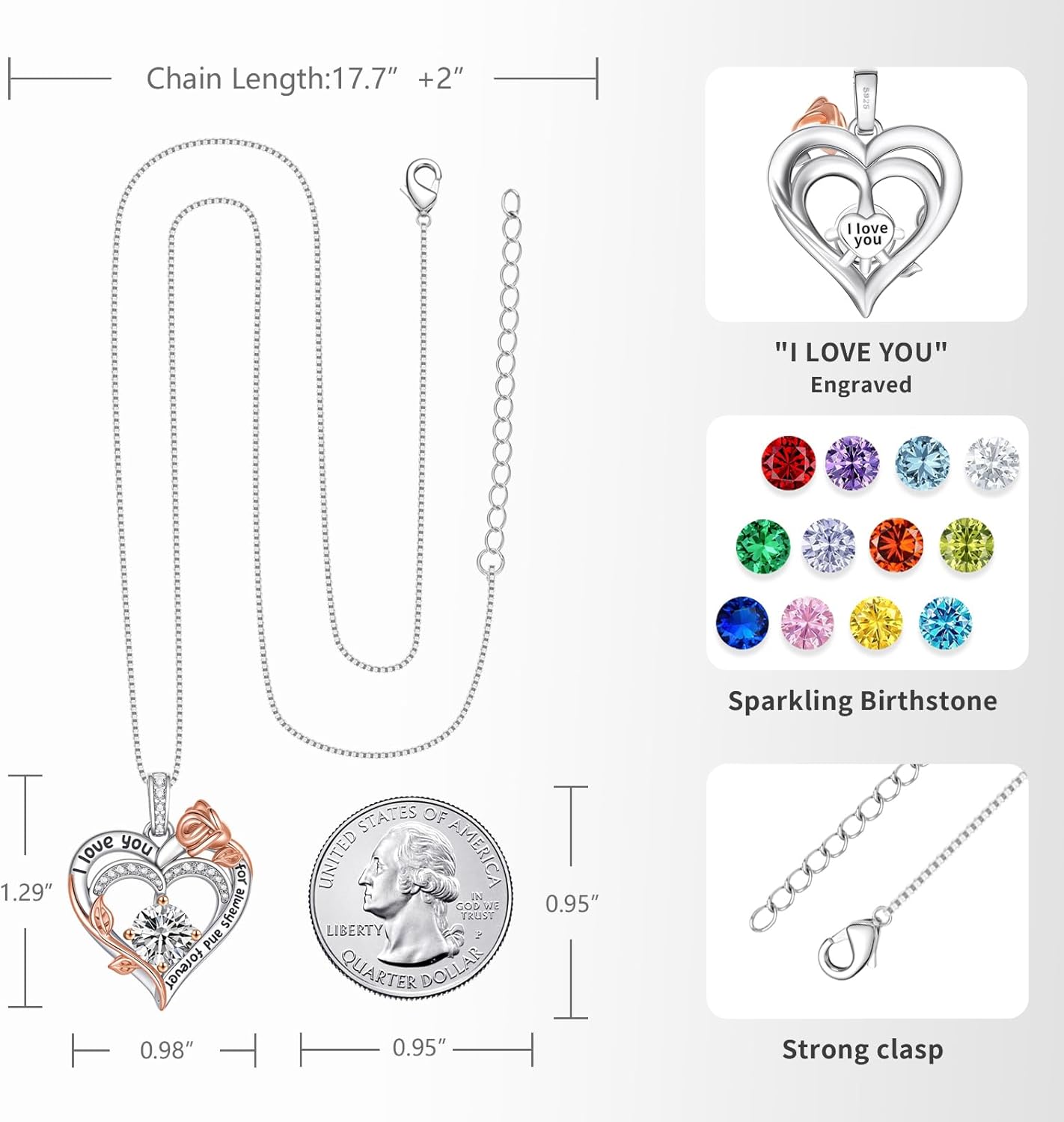 Rose Heart Necklaces for Women, Says 'I Love You', April Stone S925 Sterling Silver Jewelry