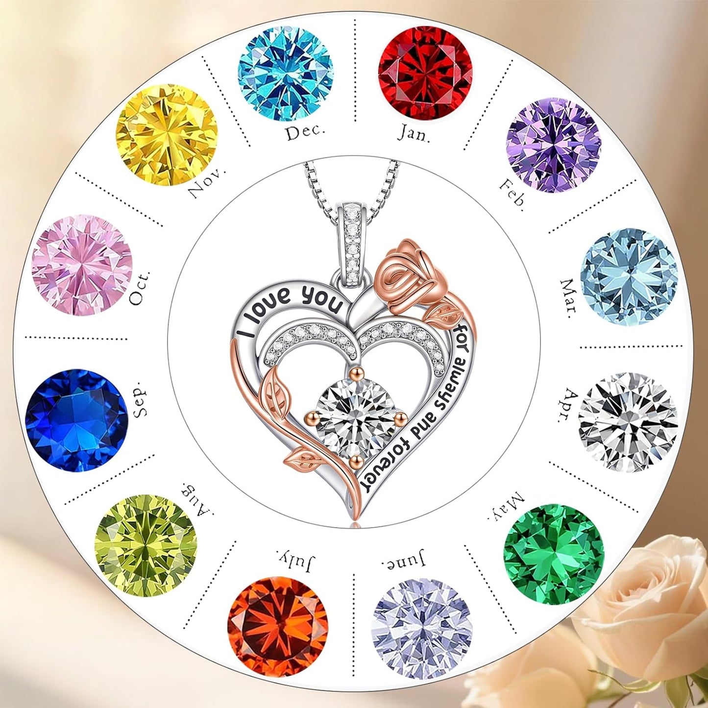 Rose Heart Necklaces for Women, Says 'I Love You', April Stone S925 Sterling Silver Jewelry
