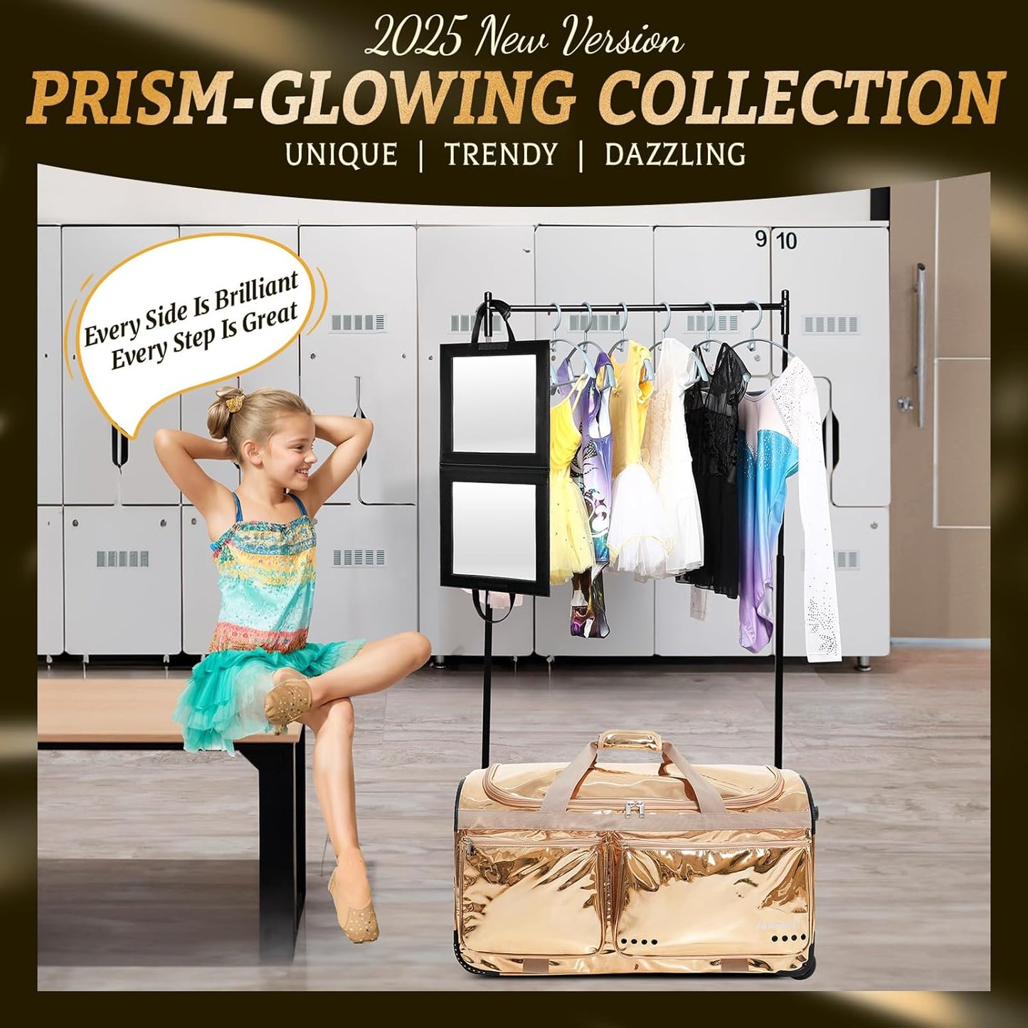 Dance Competition Duffle Bag with Garment Rack, Prism-Glowing Collection, Waterproof Iridescent Fabric