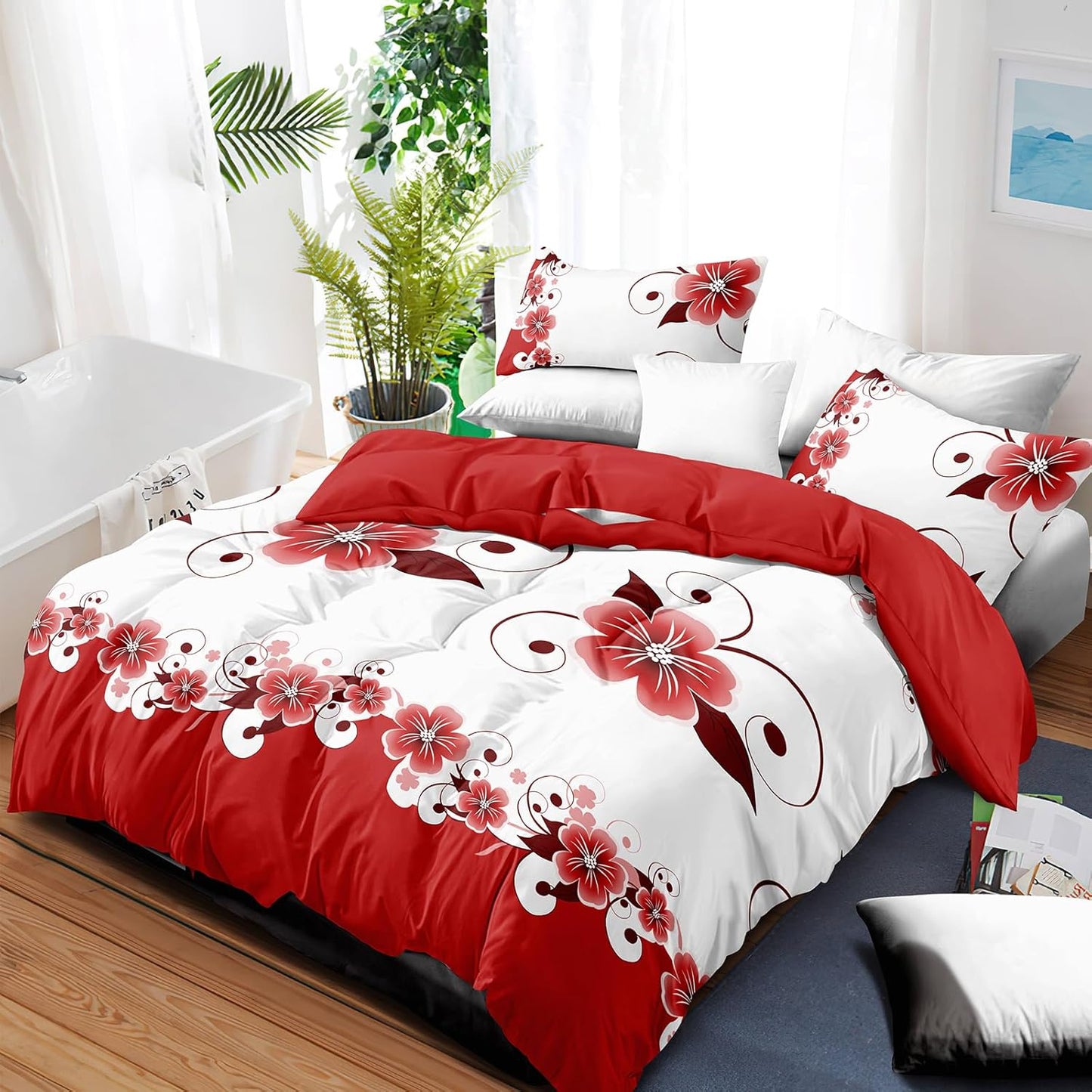 9-Piece King Bed in a Bag with Curtains, Duvet Cover, Pillowcases, Print and Solid Curtains Microfiber