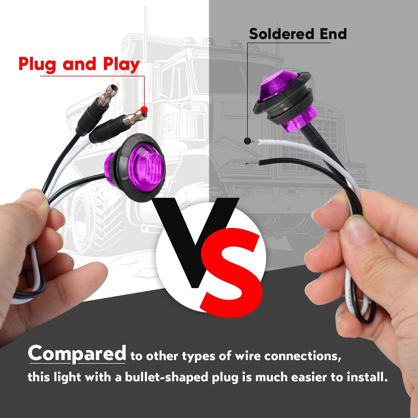 Mini Round Purple Button Side Marker Lights, 100 Pcs, 3/4 Inch LED with Connector Plugs