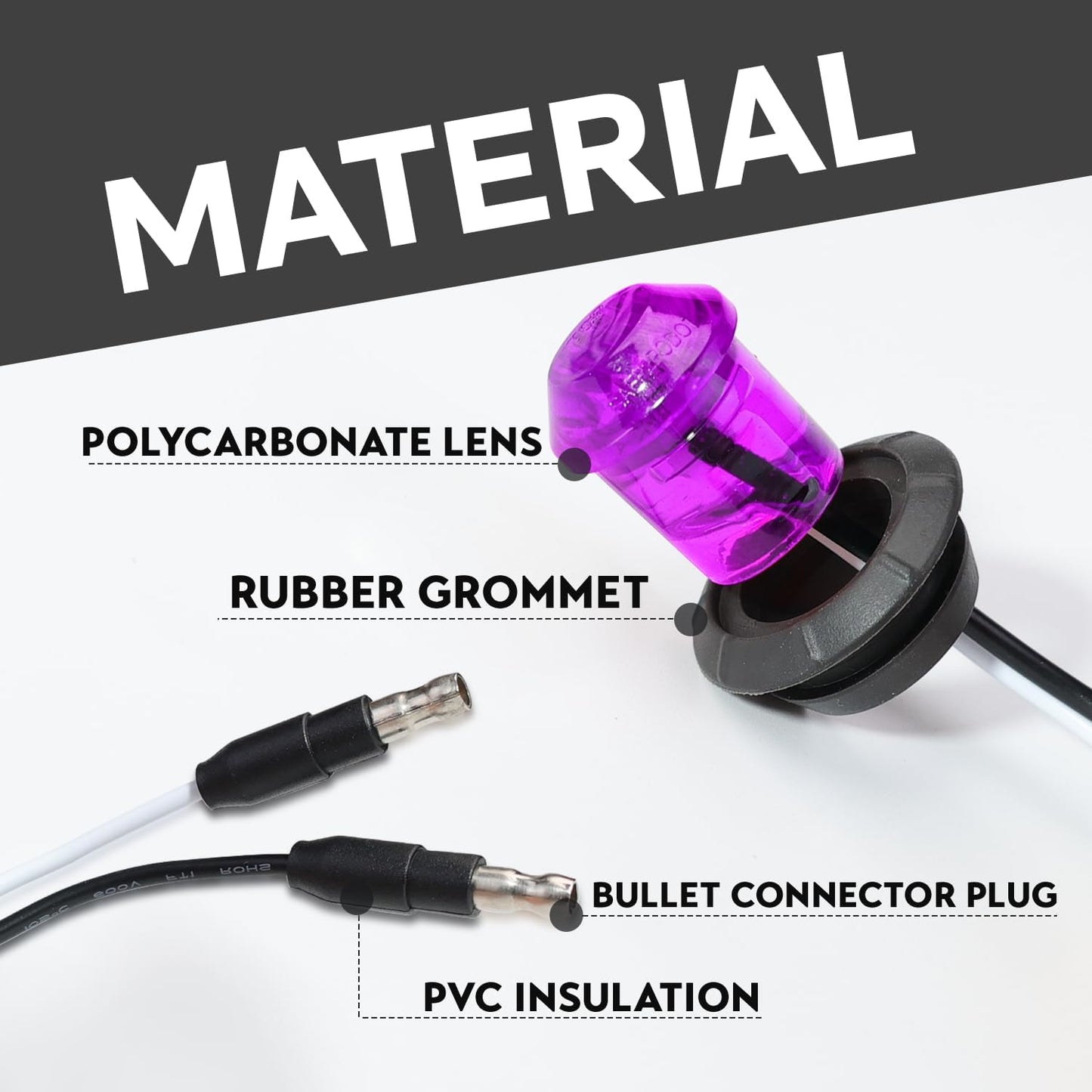 Mini Round Purple Button Side Marker Lights, 100 Pcs, 3/4 Inch LED with Connector Plugs