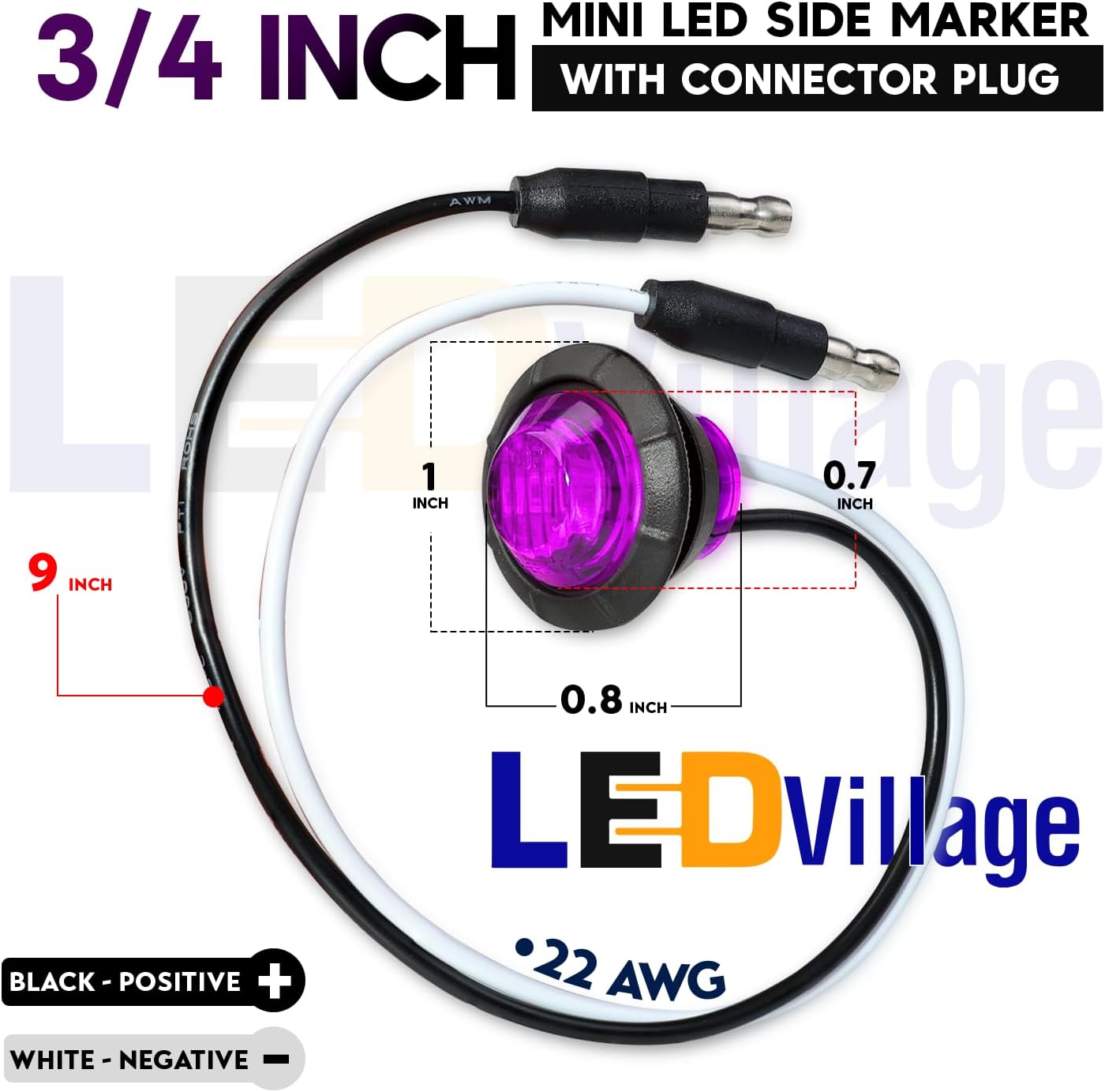 Mini Round Purple Button Side Marker Lights, 100 Pcs, 3/4 Inch LED with Connector Plugs