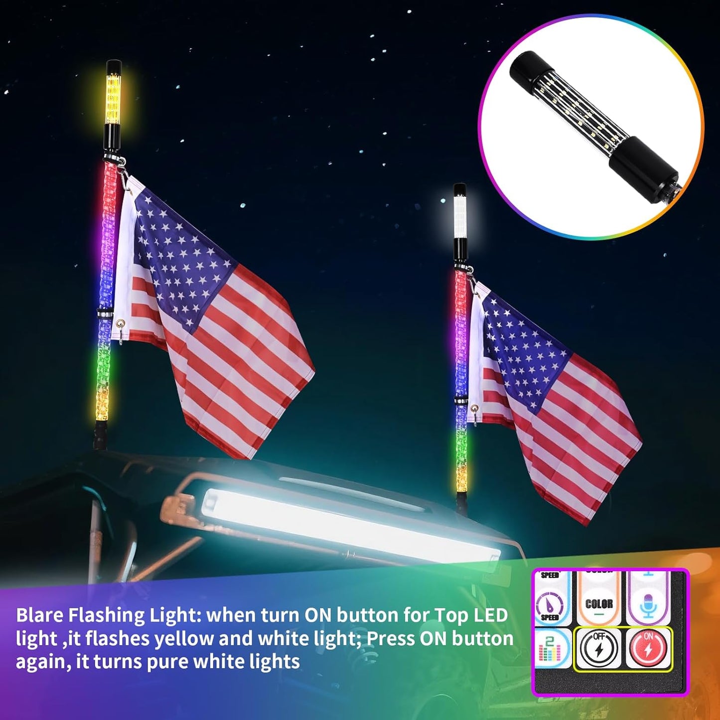 2PCS 3FT LED Whip Light and Blare Flash Light Kit with Spring Base, Spiral RGB Chase and Music Lights Whips with Rocker Switch