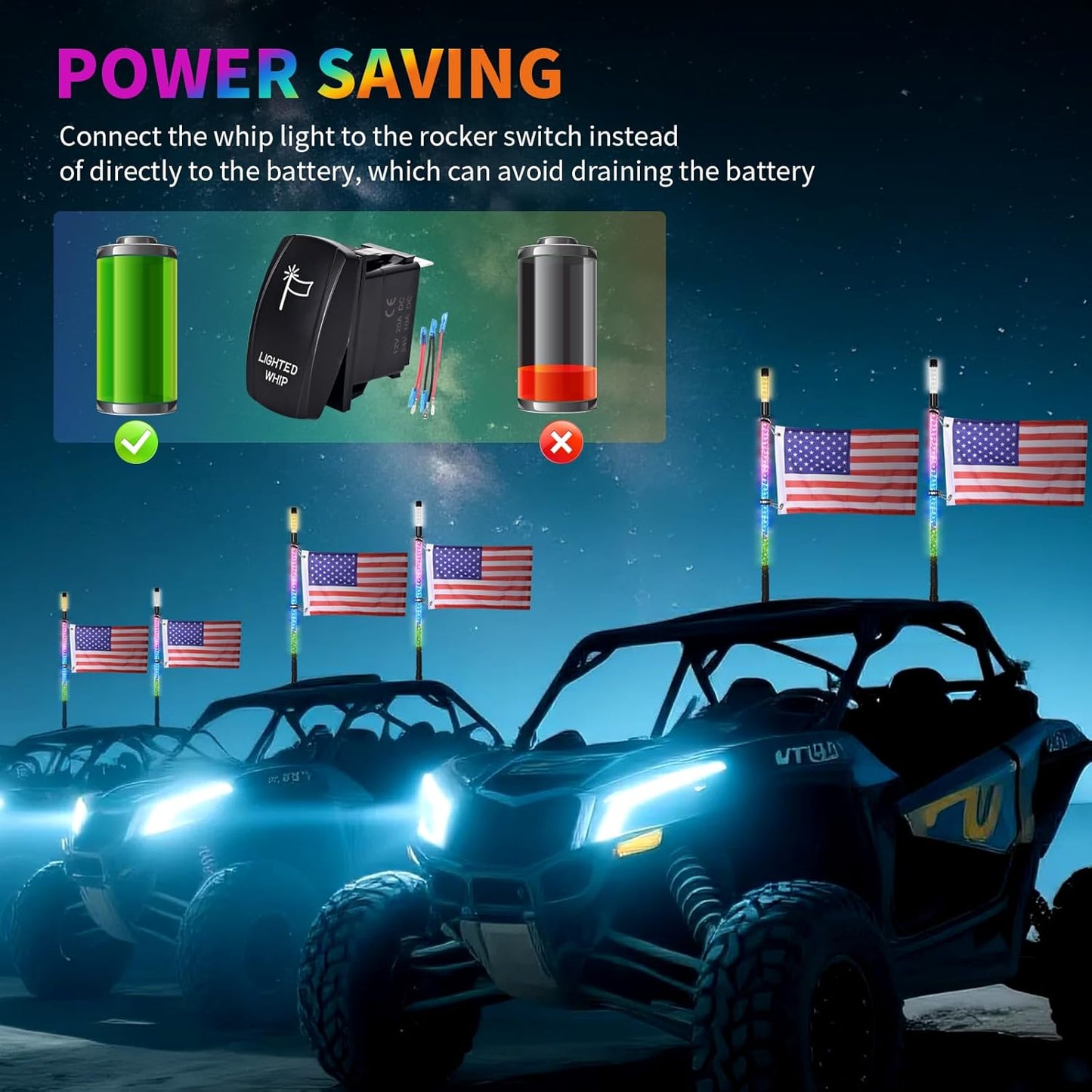 2PCS 3FT LED Whip Light and Blare Flash Light Kit with Spring Base, Spiral RGB Chase and Music Lights Whips with Rocker Switch