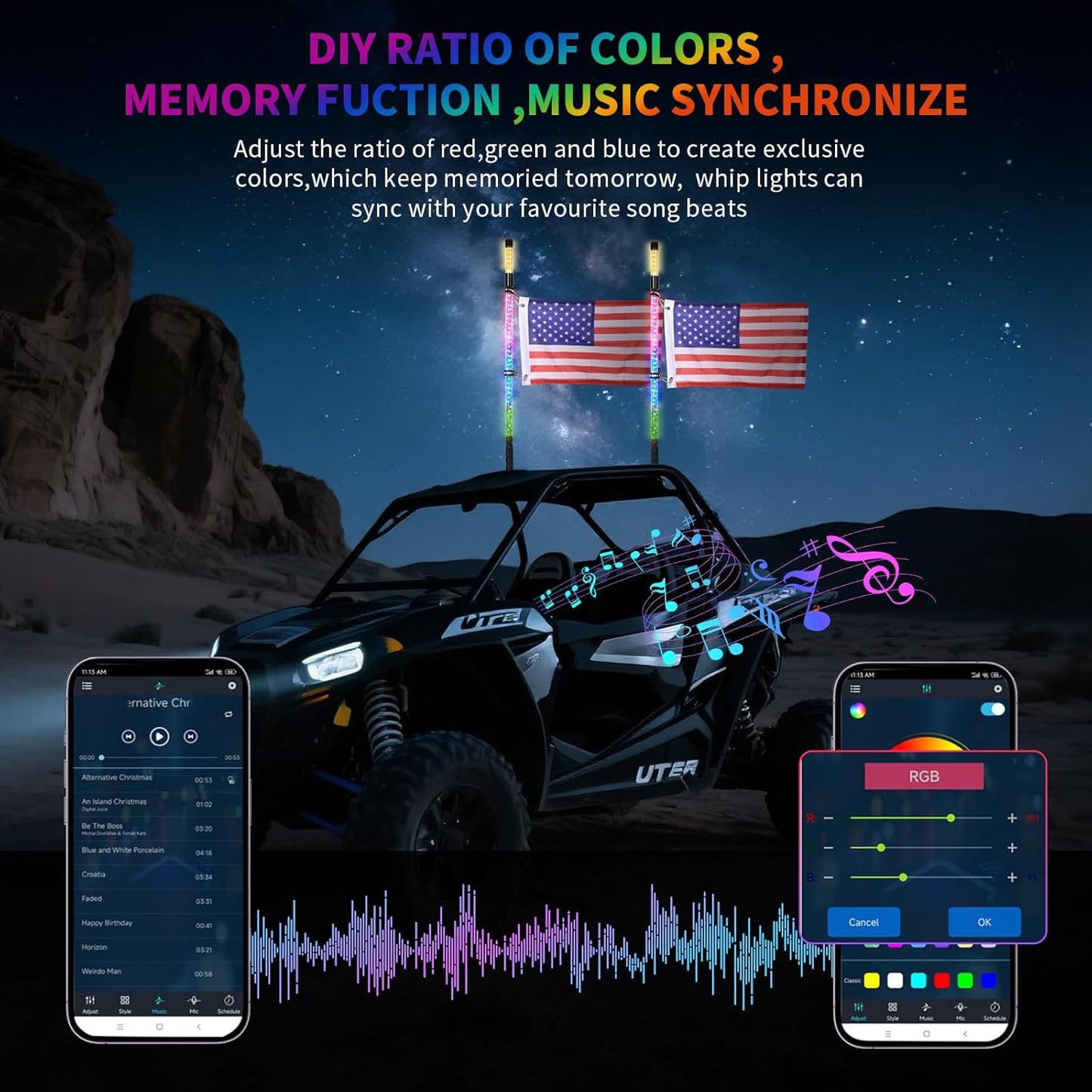 2PCS 3FT LED Whip Light and Blare Flash Light Kit with Spring Base, Spiral RGB Chase and Music Lights Whips with Rocker Switch