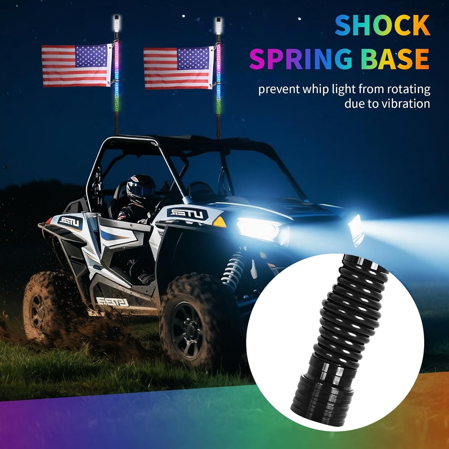 2PCS 3FT LED Whip Light and Blare Flash Light Kit with Spring Base, Spiral RGB Chase and Music Lights Whips with Rocker Switch