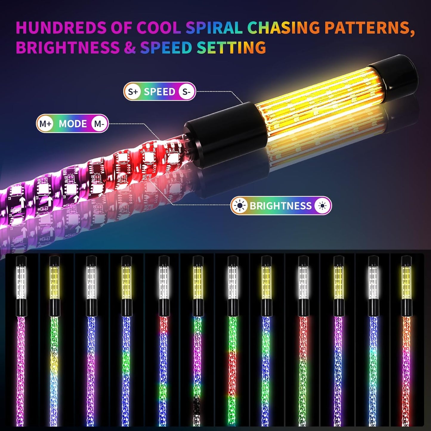 2PCS 3FT LED Whip Light and Blare Flash Light Kit with Spring Base, Spiral RGB Chase and Music Lights Whips with Rocker Switch