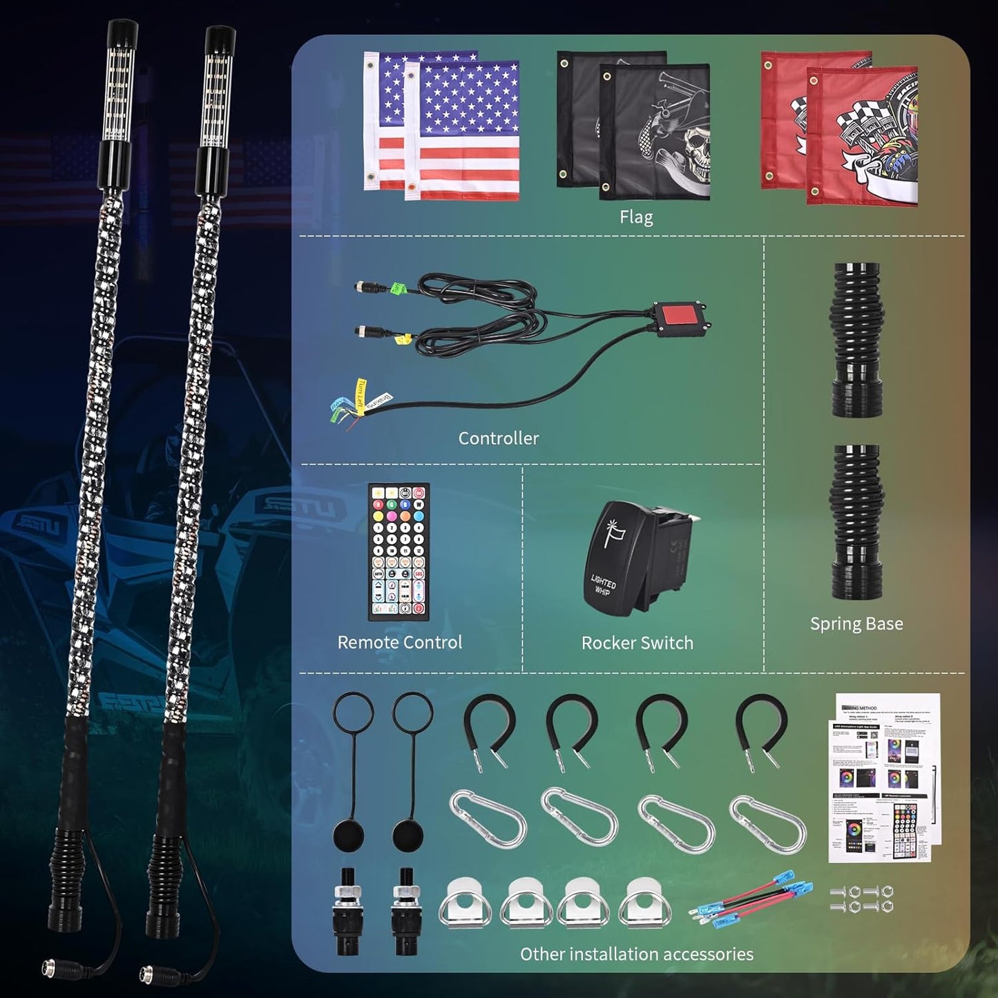 2PCS 3FT LED Whip Light and Blare Flash Light Kit with Spring Base, Spiral RGB Chase and Music Lights Whips with Rocker Switch