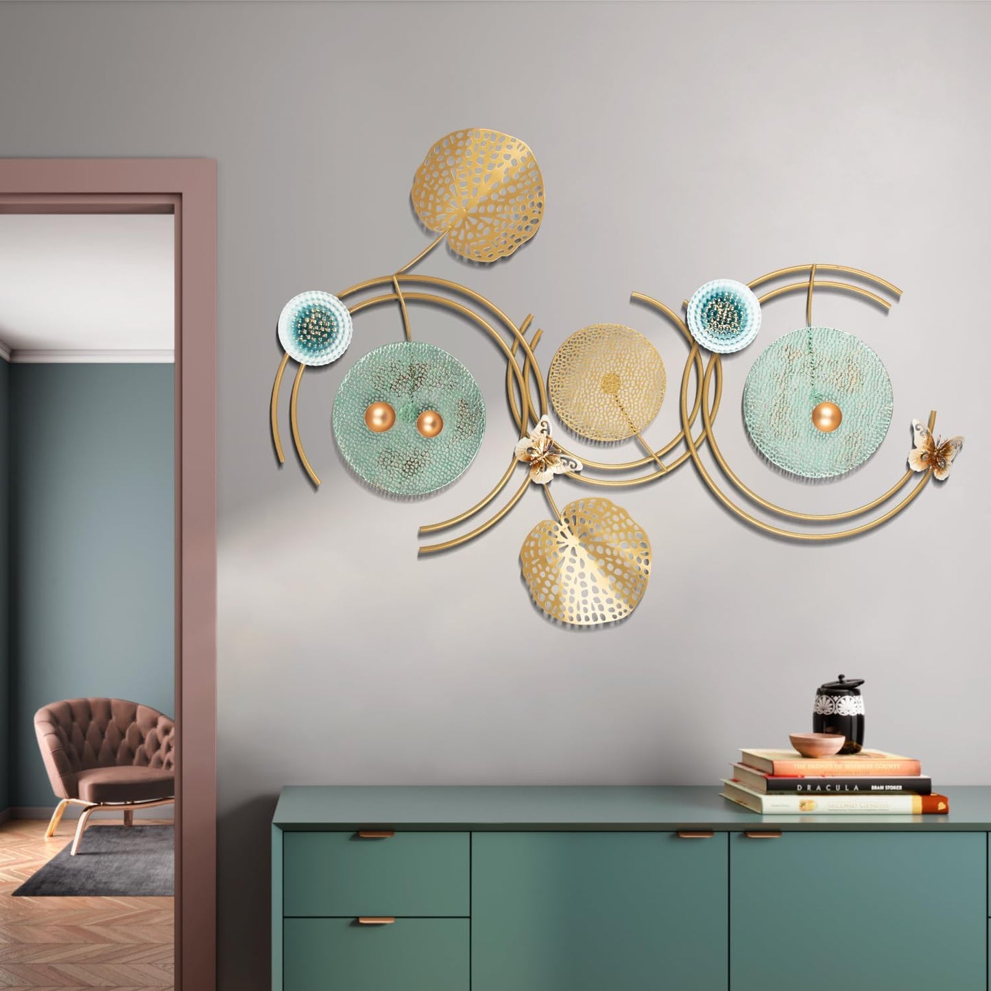 Metal Wall Art Decor for Living Room, 64.5 in x 23.6 Large, Modern, Butterfly Accents