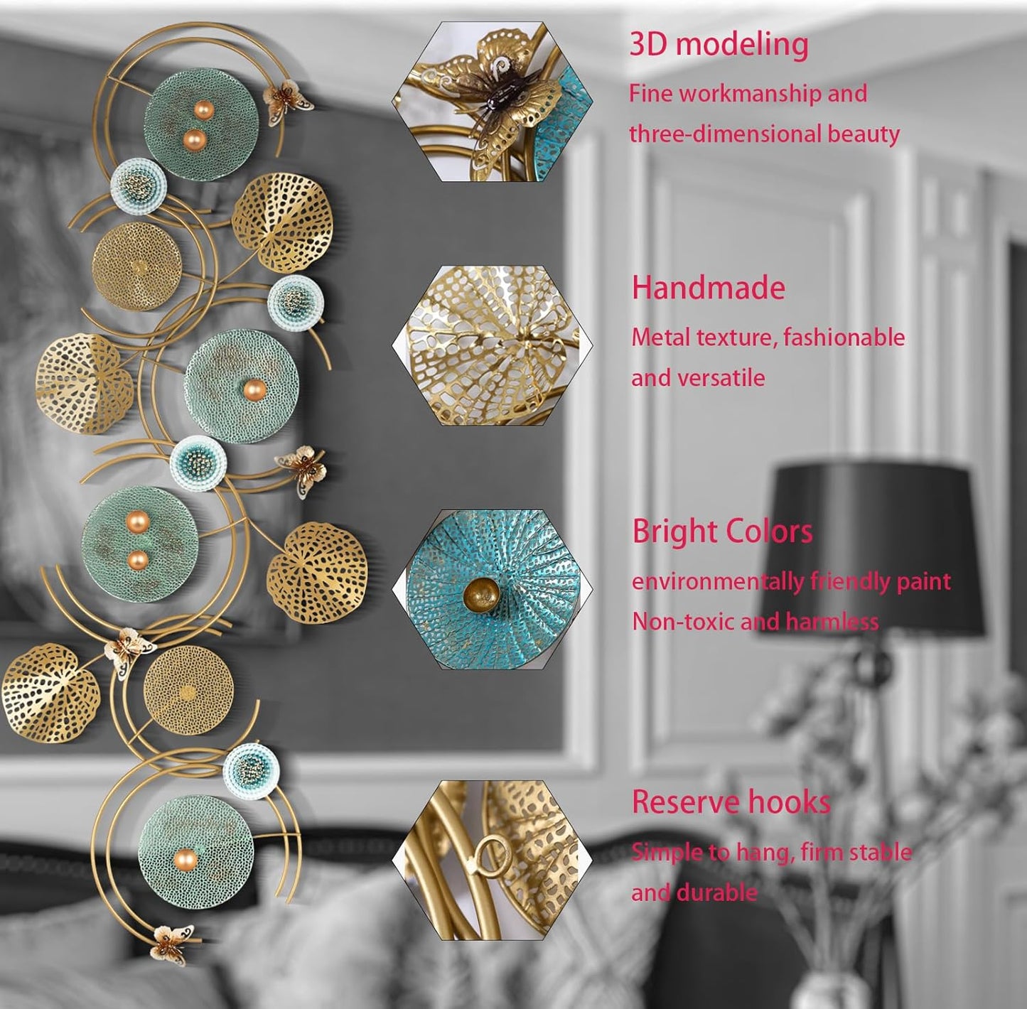 Metal Wall Art Decor for Living Room, 64.5 in x 23.6 Large, Modern, Butterfly Accents