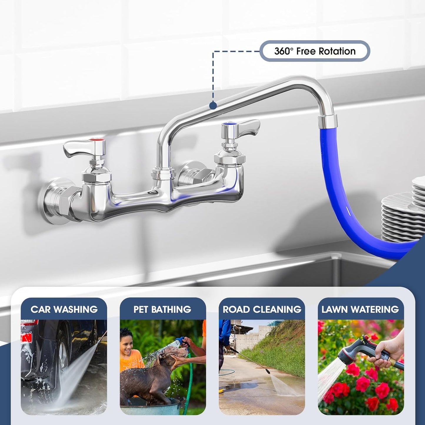 Wall Mount Kitchen Faucet, 8 Inch Center Commercial Faucet with Swivel Spout, Chrome Dual Handle Utility Sink