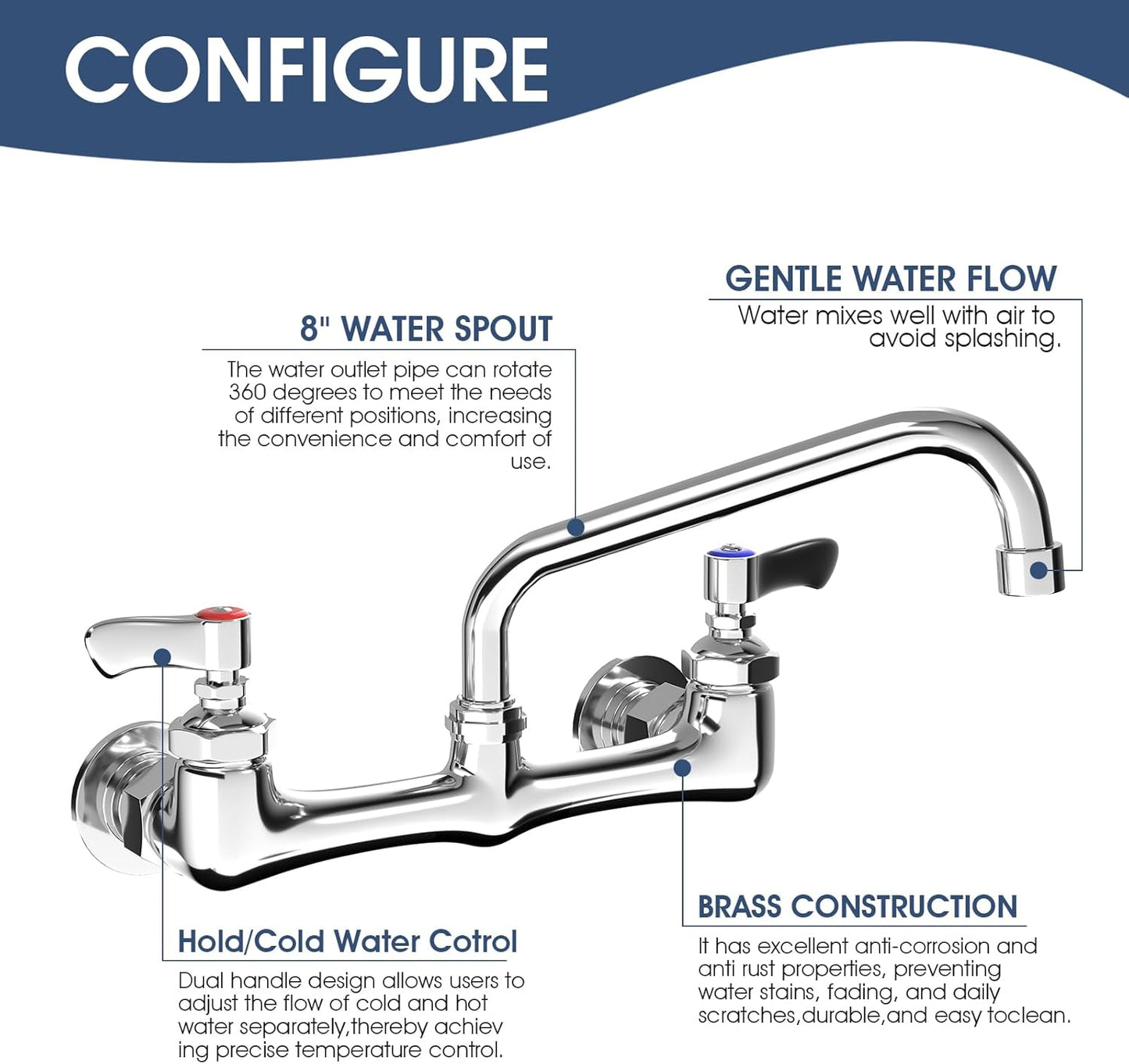 Wall Mount Kitchen Faucet, 8 Inch Center Commercial Faucet with Swivel Spout, Chrome Dual Handle Utility Sink