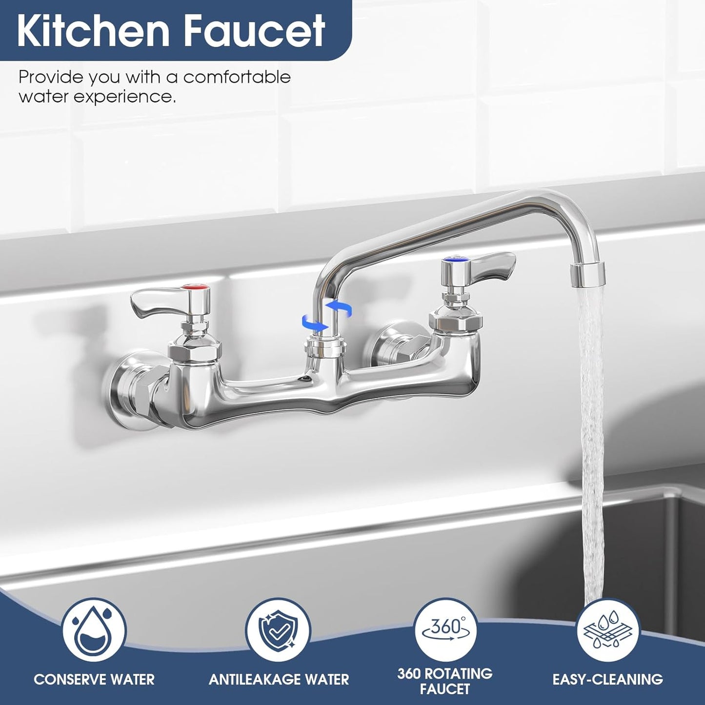 Wall Mount Kitchen Faucet, 8 Inch Center Commercial Faucet with Swivel Spout, Chrome Dual Handle Utility Sink
