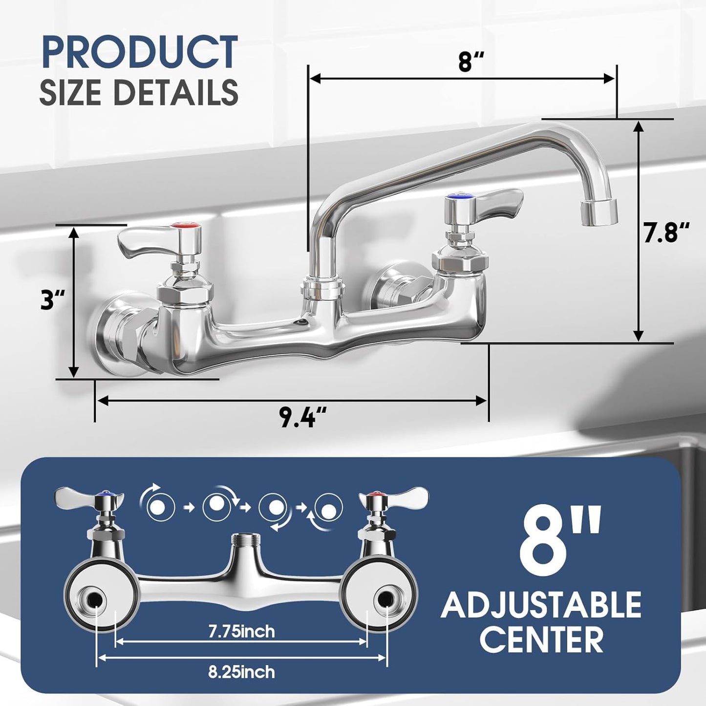 Wall Mount Kitchen Faucet, 8 Inch Center Commercial Faucet with Swivel Spout, Chrome Dual Handle Utility Sink