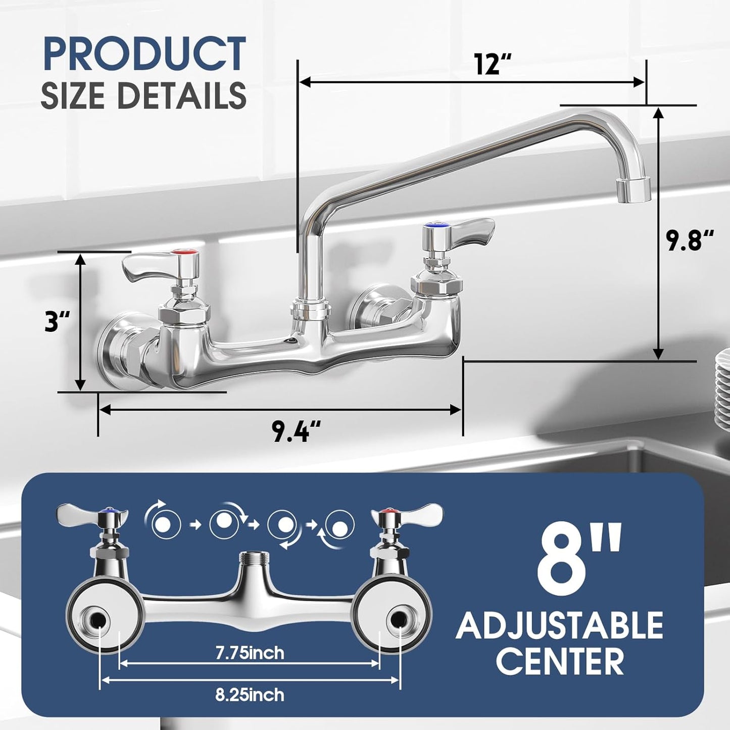 Wall Mount Kitchen Faucet, 8 Inch Center Commercial Faucet with 12 Inches Swivel Spout, Chrome Dual Handle
