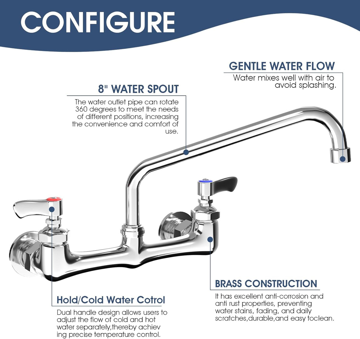 Wall Mount Kitchen Faucet, 8 Inch Center Commercial Faucet with 12 Inches Swivel Spout, Chrome Dual Handle