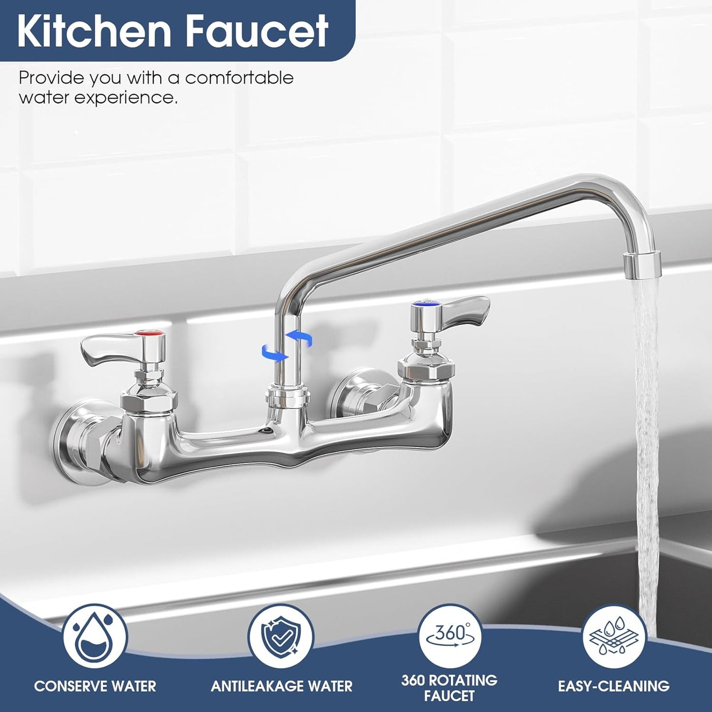 Wall Mount Kitchen Faucet, 8 Inch Center Commercial Faucet with 12 Inches Swivel Spout, Chrome Dual Handle