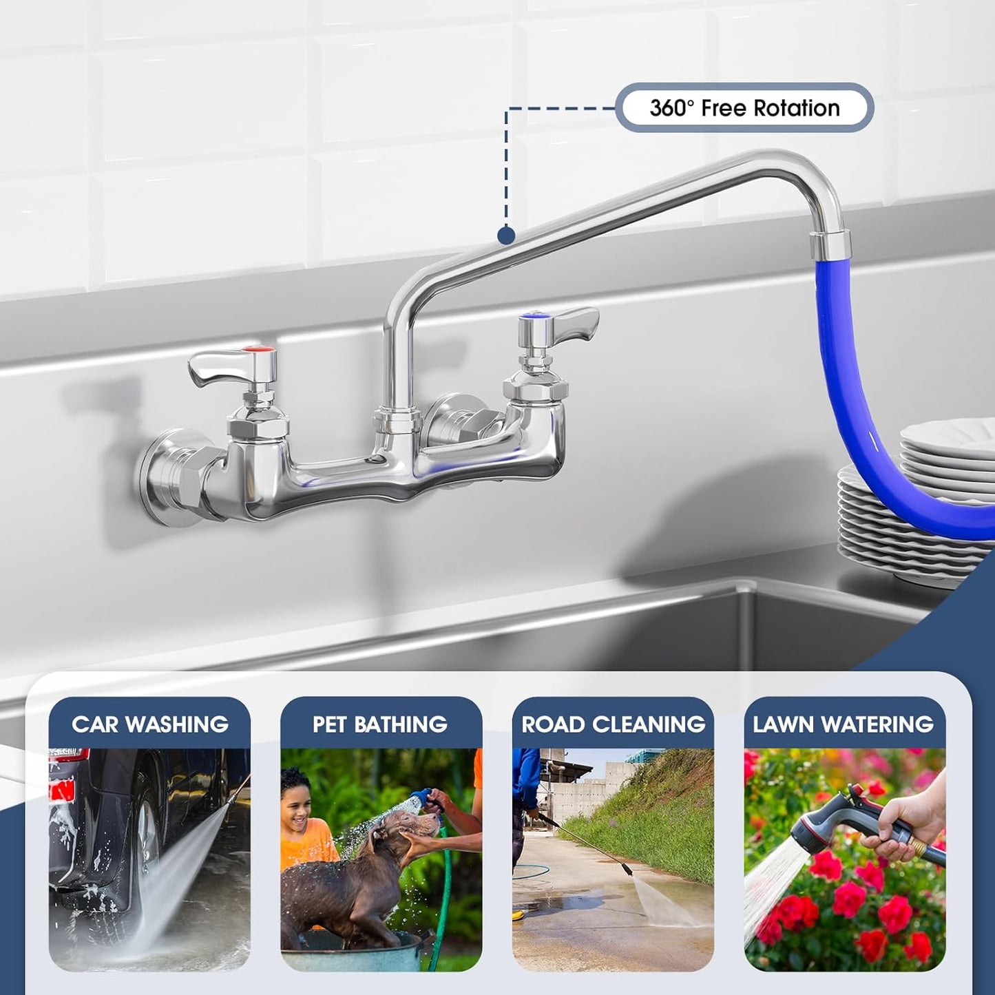 Wall Mount Kitchen Faucet, 8 Inch Center Commercial Faucet with 12 Inches Swivel Spout, Chrome Dual Handle