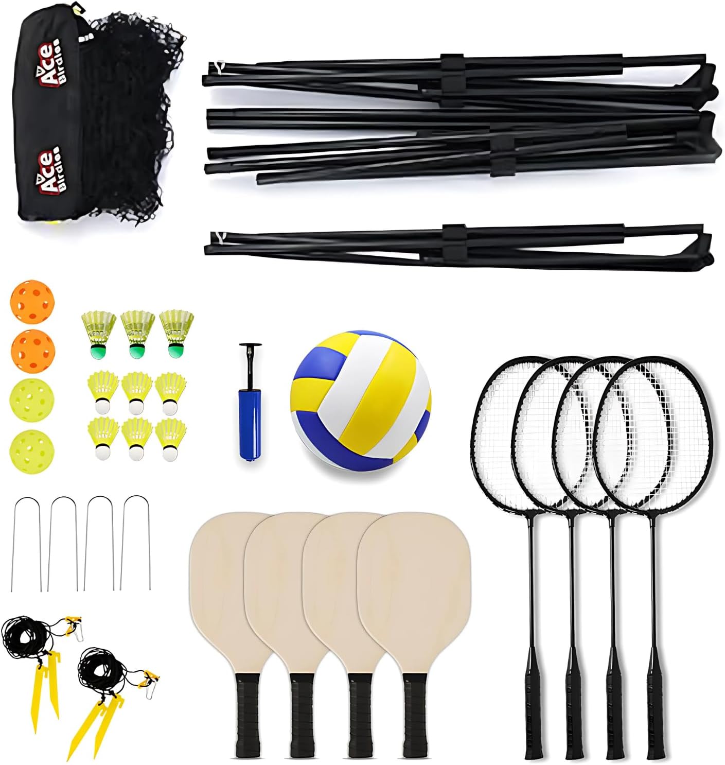 Complete Badminton Sets, Adjustable Width and Height, Badminton Pickleball Volleyball Set with Net, Accessories