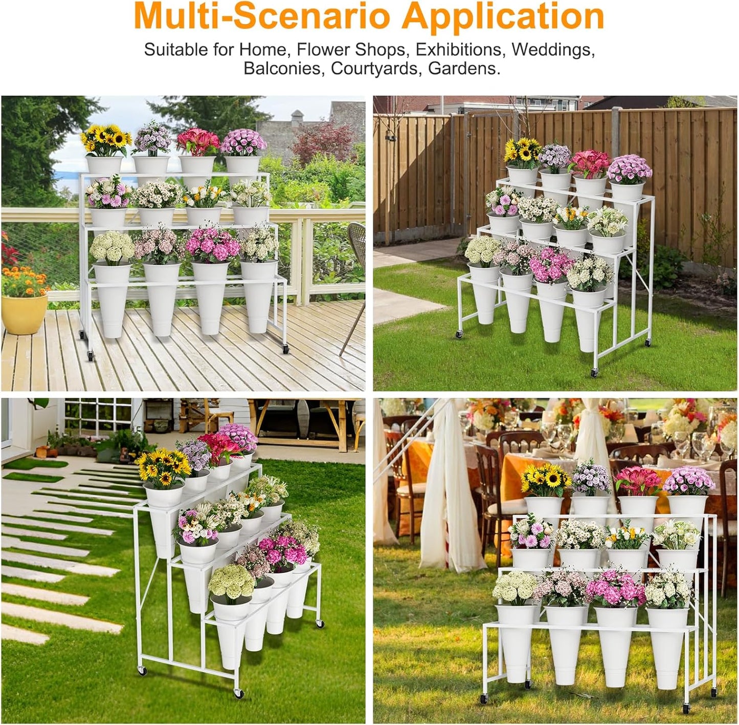 Flower Stand, 3-Tier Flower Display Stand with Buckets for Indoor Outdoor, Flower Cart with wheels
