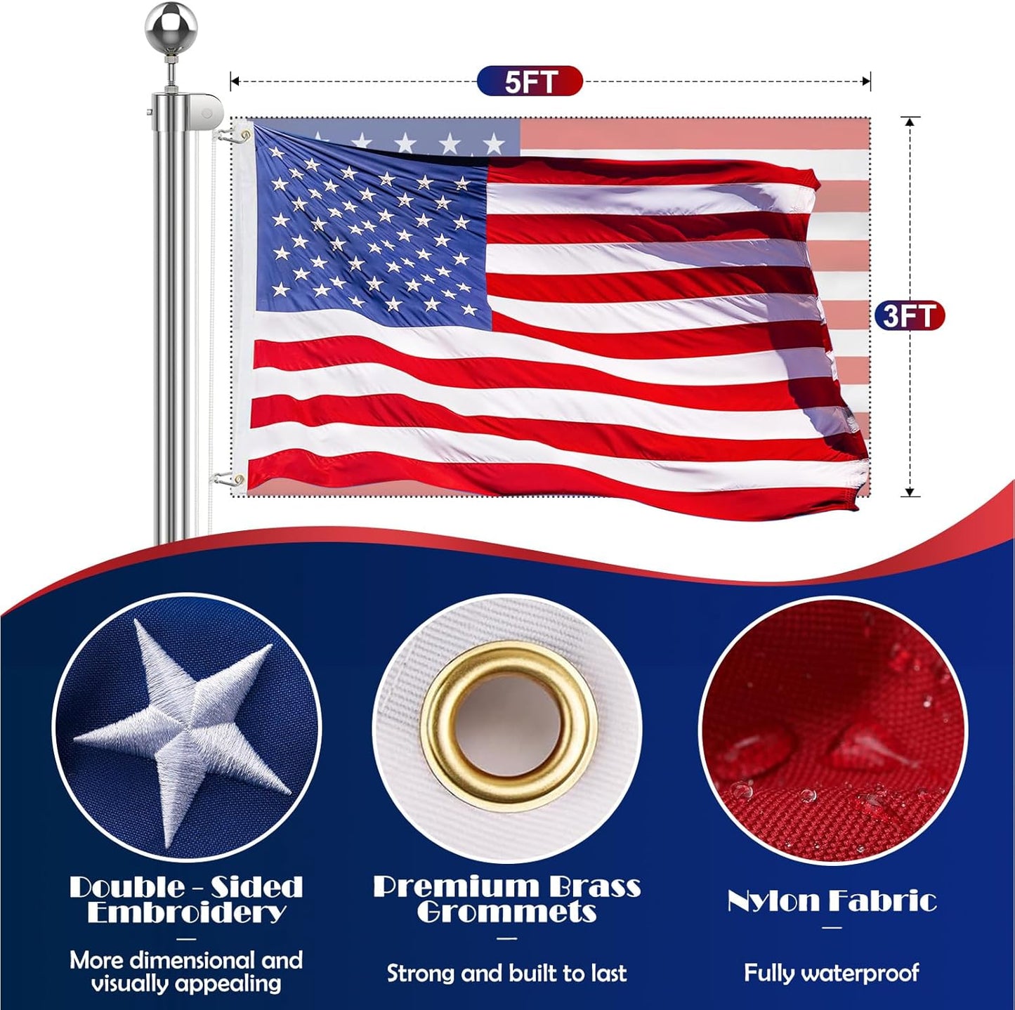 15FT Heavy Duty Flag Pole for High Wind, 304 Stainless Steel Commercial and Residential Outdoor Flag Pole