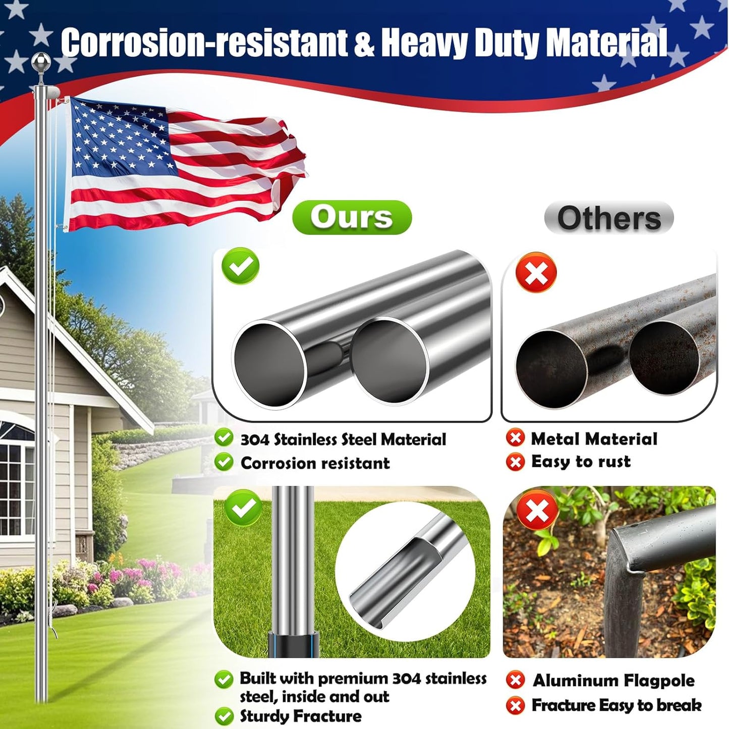 15FT Heavy Duty Flag Pole for High Wind, 304 Stainless Steel Commercial and Residential Outdoor Flag Pole