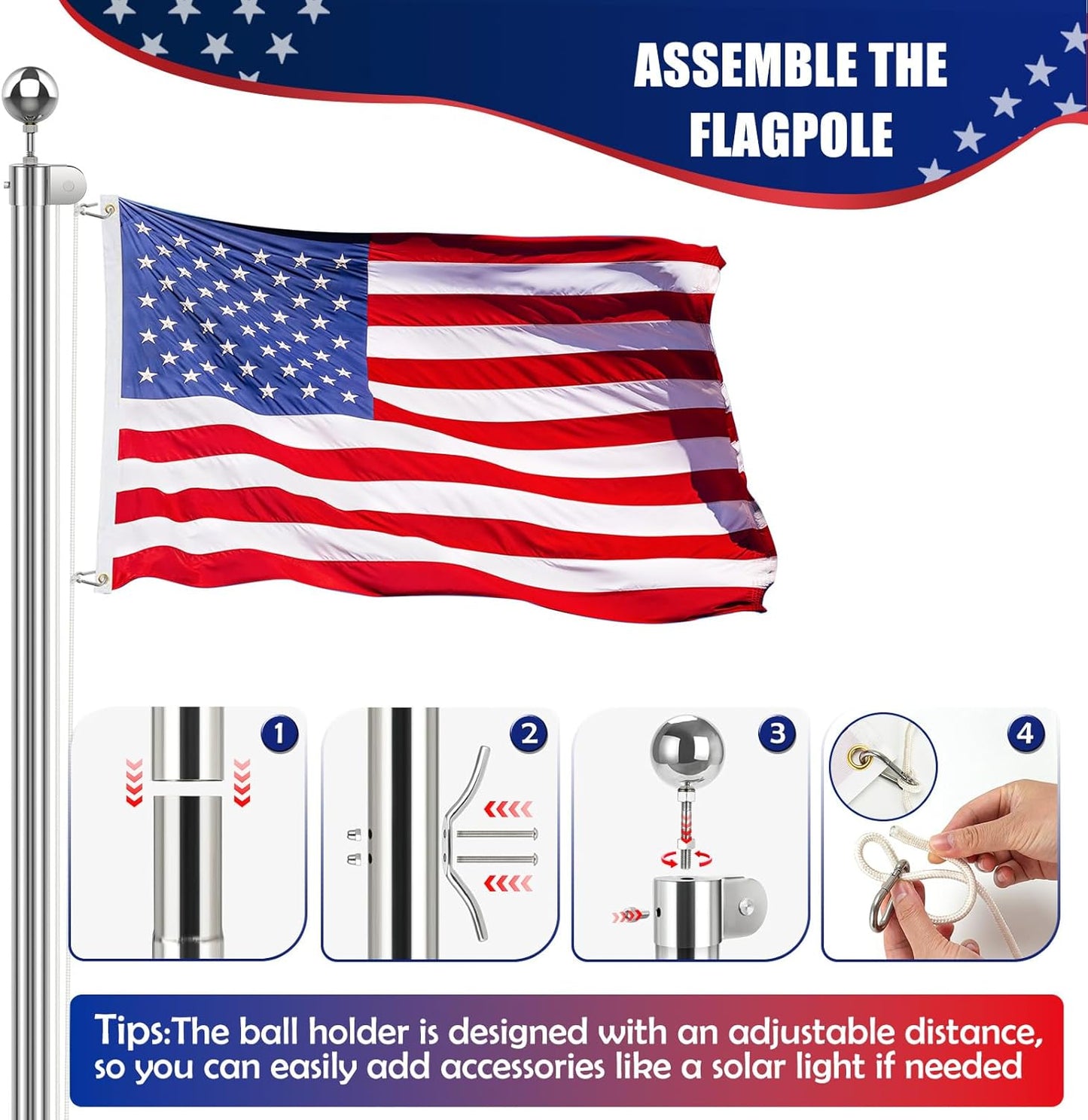 15FT Heavy Duty Flag Pole for High Wind, 304 Stainless Steel Commercial and Residential Outdoor Flag Pole