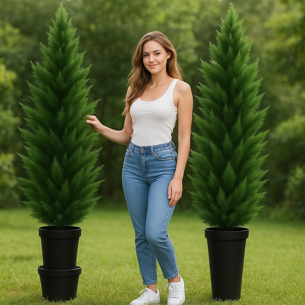 Artificial Topiary Cedar Trees 6FT Tall, Set f 2, Outdoor/Indoor Faux Pine Shrubs Plants