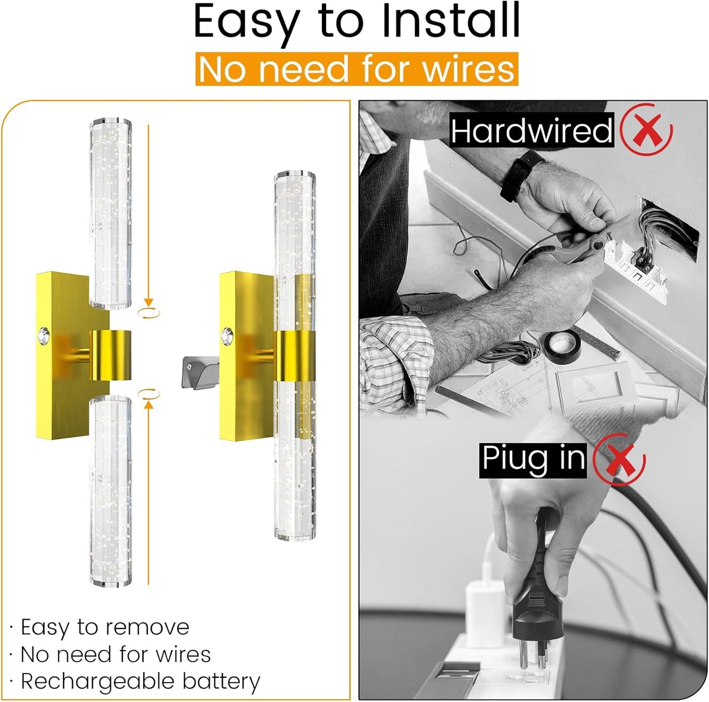 Wall Sconces Set of Two, Rechargeable LED Wall Lights for Bedroom and Living Room, Bathroom Mirror, Hallway