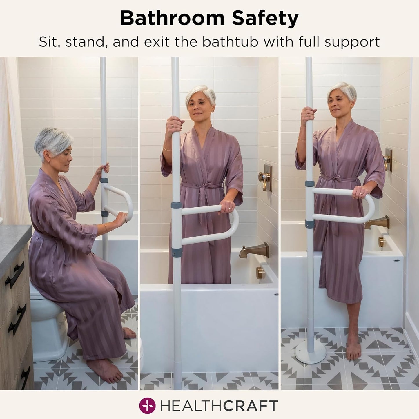 uPole with Pivot Bar (7-10 Feet) Transfer Pole for Seniors, Floor to Ceiling Grab Bar Tension-Mounted