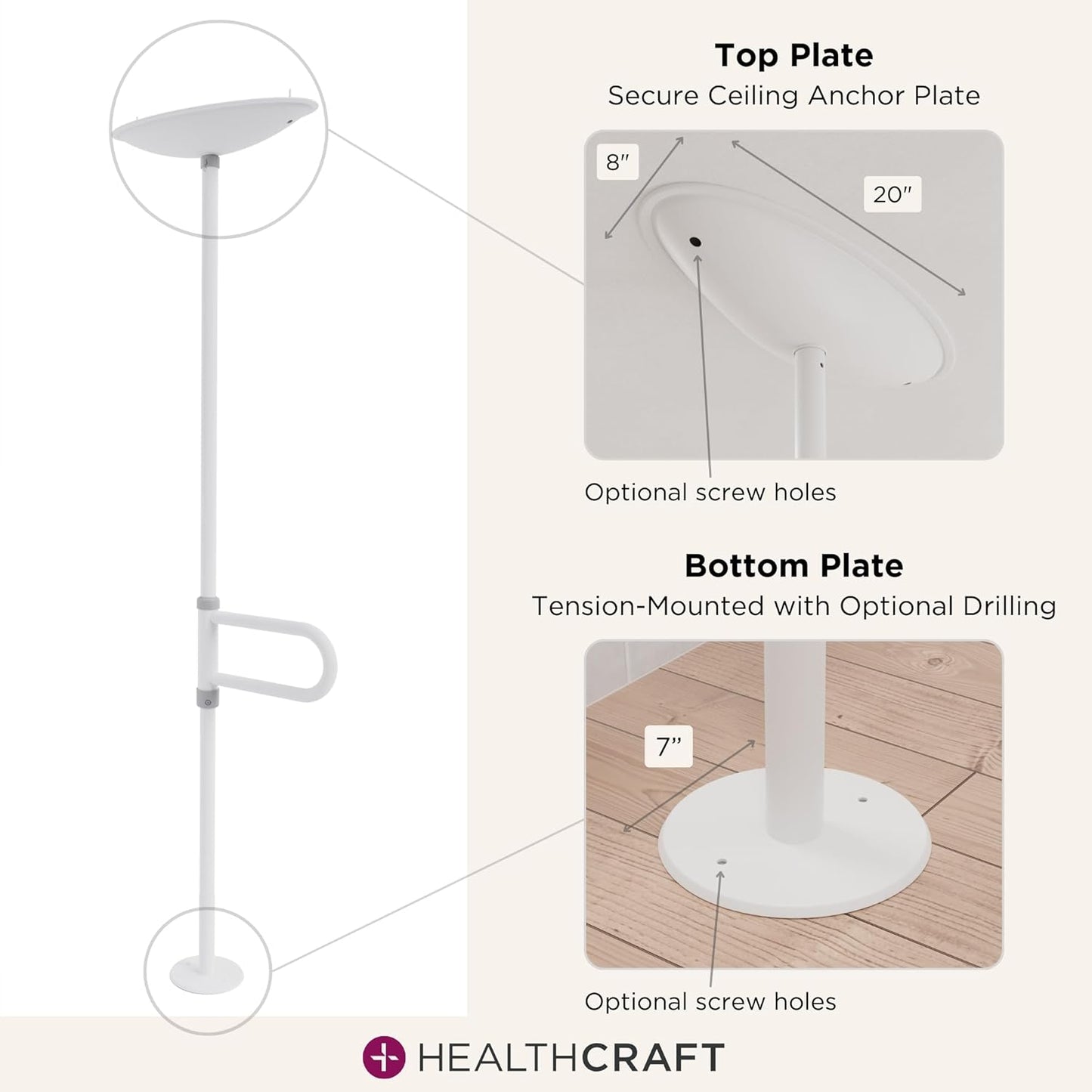 uPole with Pivot Bar (7-10 Feet) Transfer Pole for Seniors, Floor to Ceiling Grab Bar Tension-Mounted
