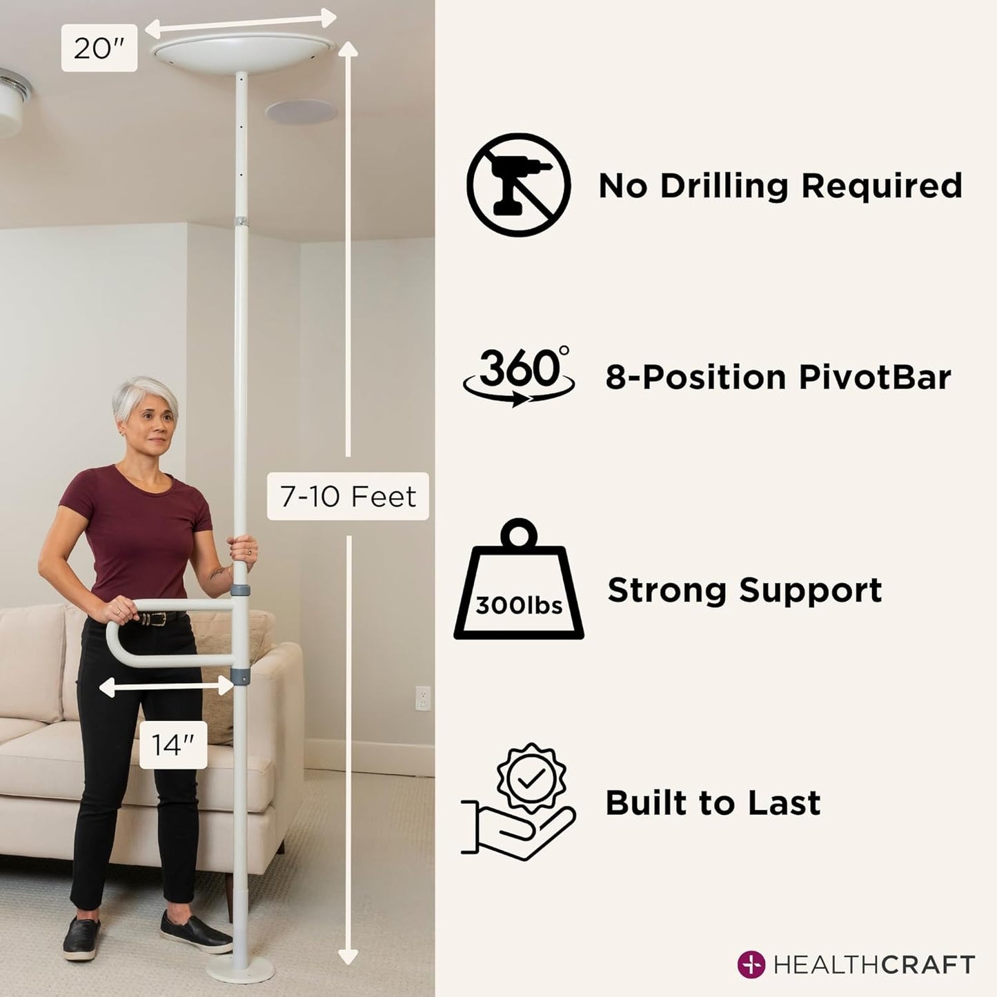uPole with Pivot Bar (7-10 Feet) Transfer Pole for Seniors, Floor to Ceiling Grab Bar Tension-Mounted