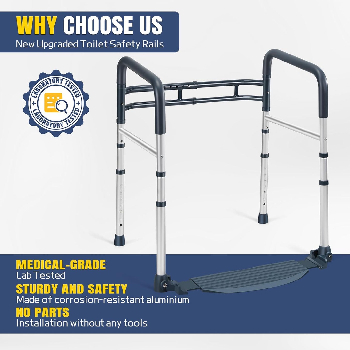 Toilet Safety Rails with Footrest, Folding, Portable Bathroom Toilet Handles for Elderly, Seniors, Disabled