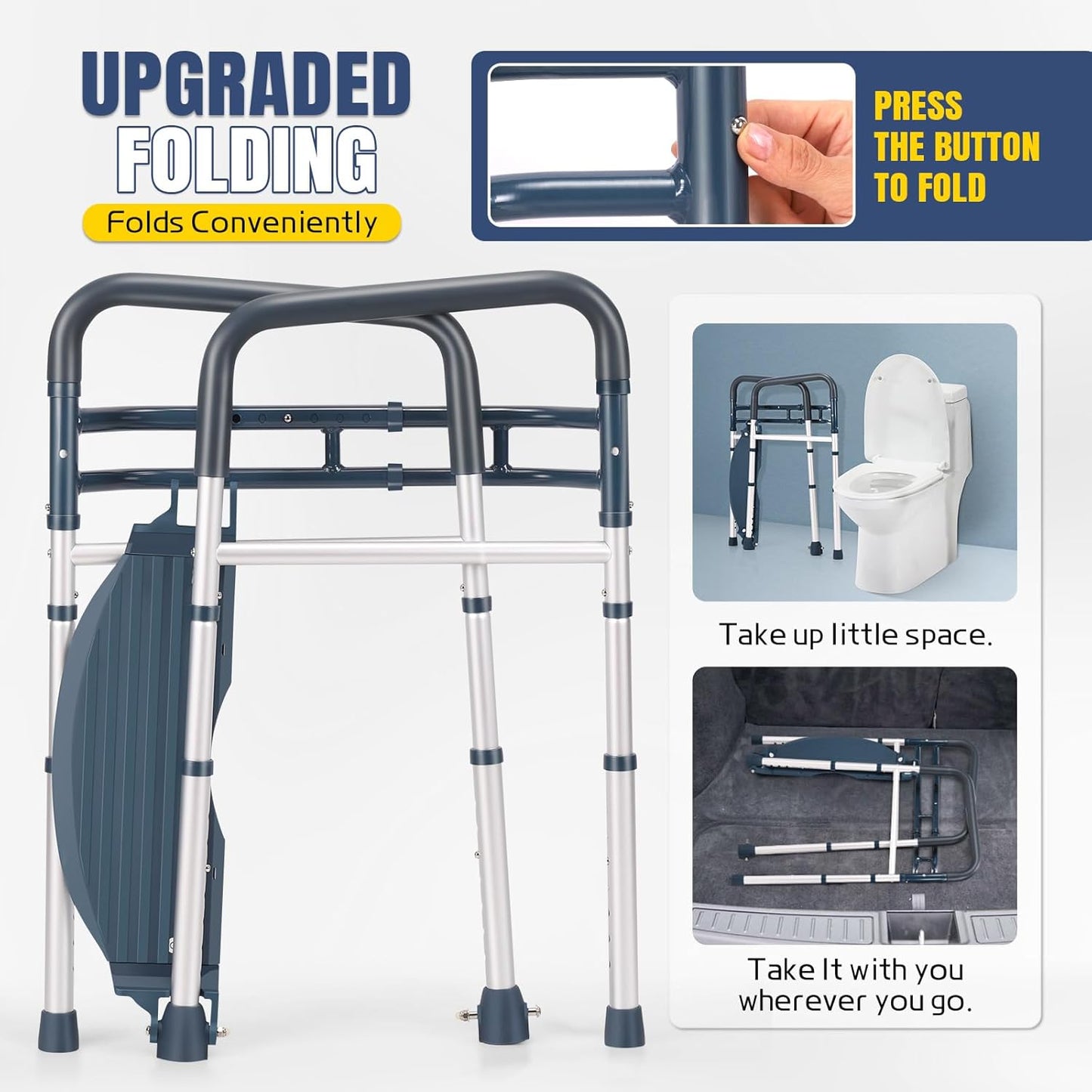 Toilet Safety Rails with Footrest, Folding, Portable Bathroom Toilet Handles for Elderly, Seniors, Disabled