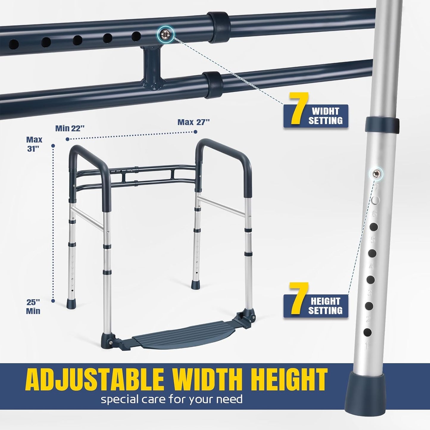 Toilet Safety Rails with Footrest, Folding, Portable Bathroom Toilet Handles for Elderly, Seniors, Disabled