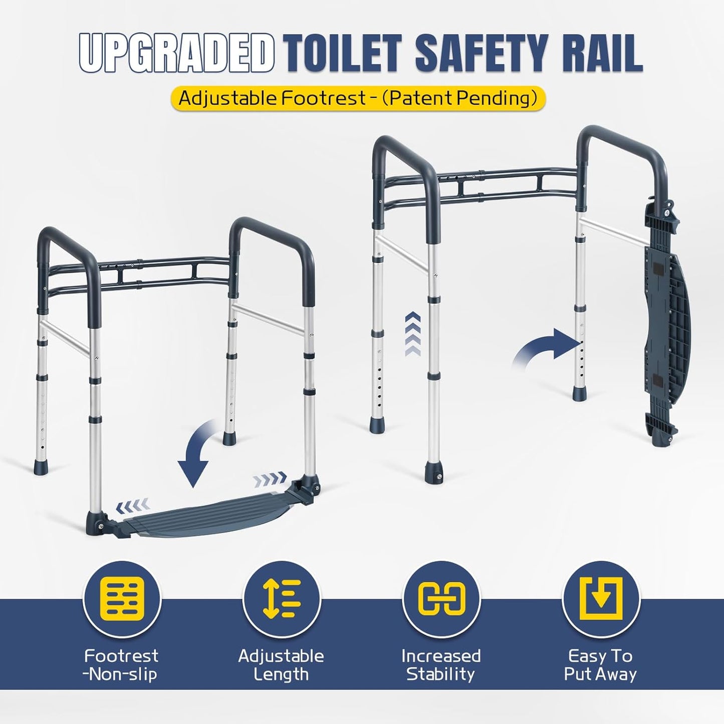 Toilet Safety Rails with Footrest, Folding, Portable Bathroom Toilet Handles for Elderly, Seniors, Disabled