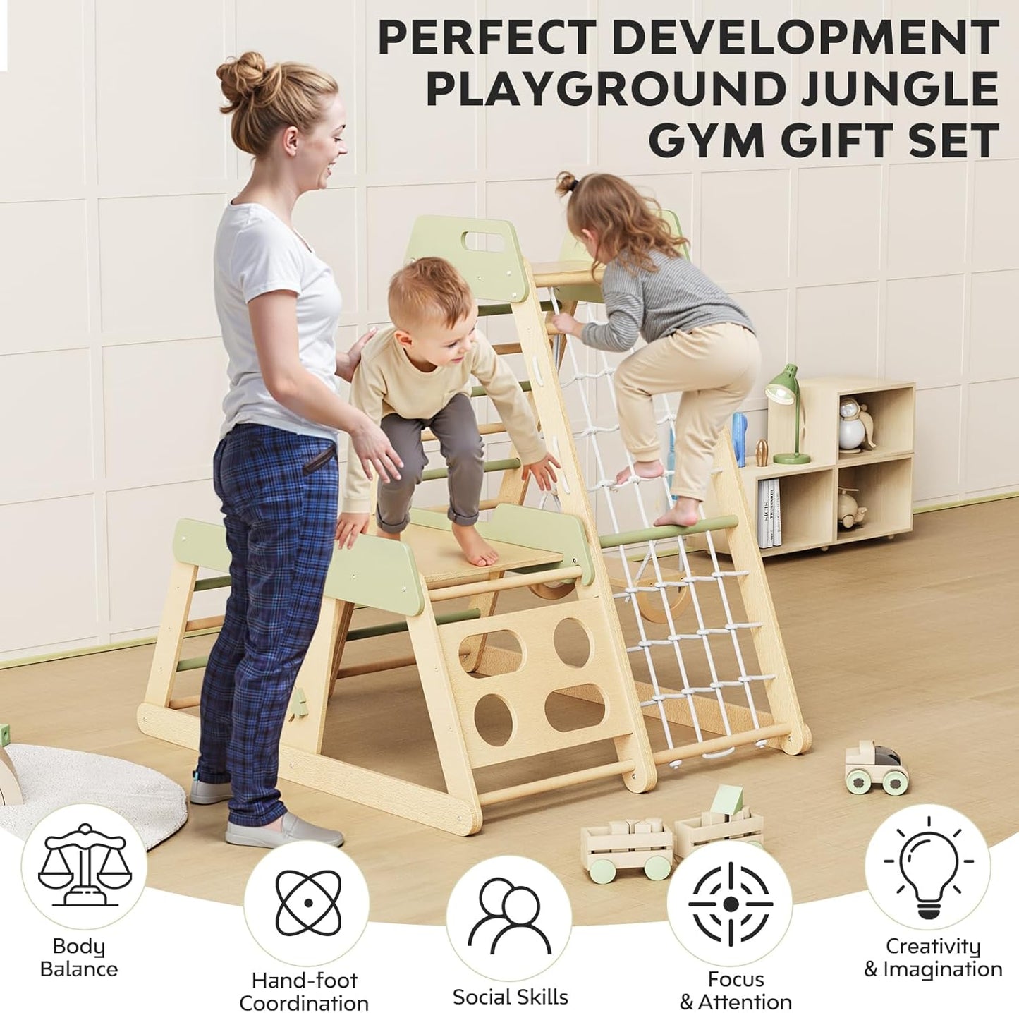 Indoor Playground 12-in-1 Jungle Gym Kids Climbing Toys, Montessori Wooden Climber Playset with Slide