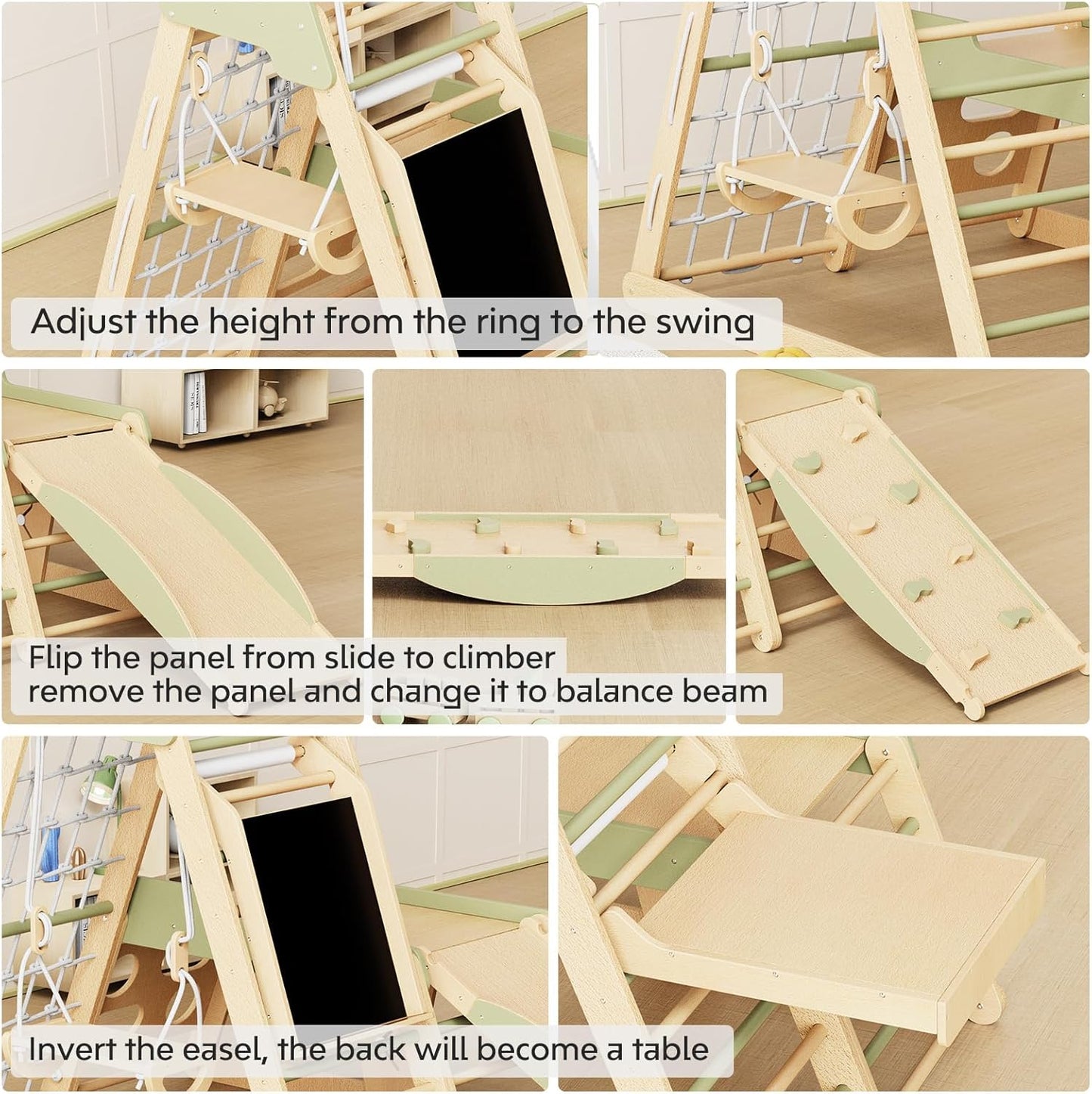 Indoor Playground 12-in-1 Jungle Gym Kids Climbing Toys, Montessori Wooden Climber Playset with Slide