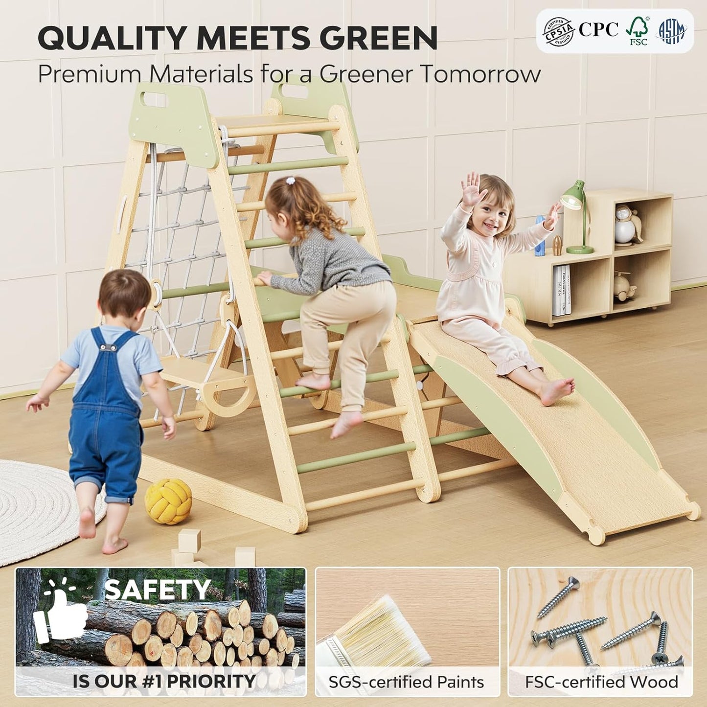 Indoor Playground 12-in-1 Jungle Gym Kids Climbing Toys, Montessori Wooden Climber Playset with Slide