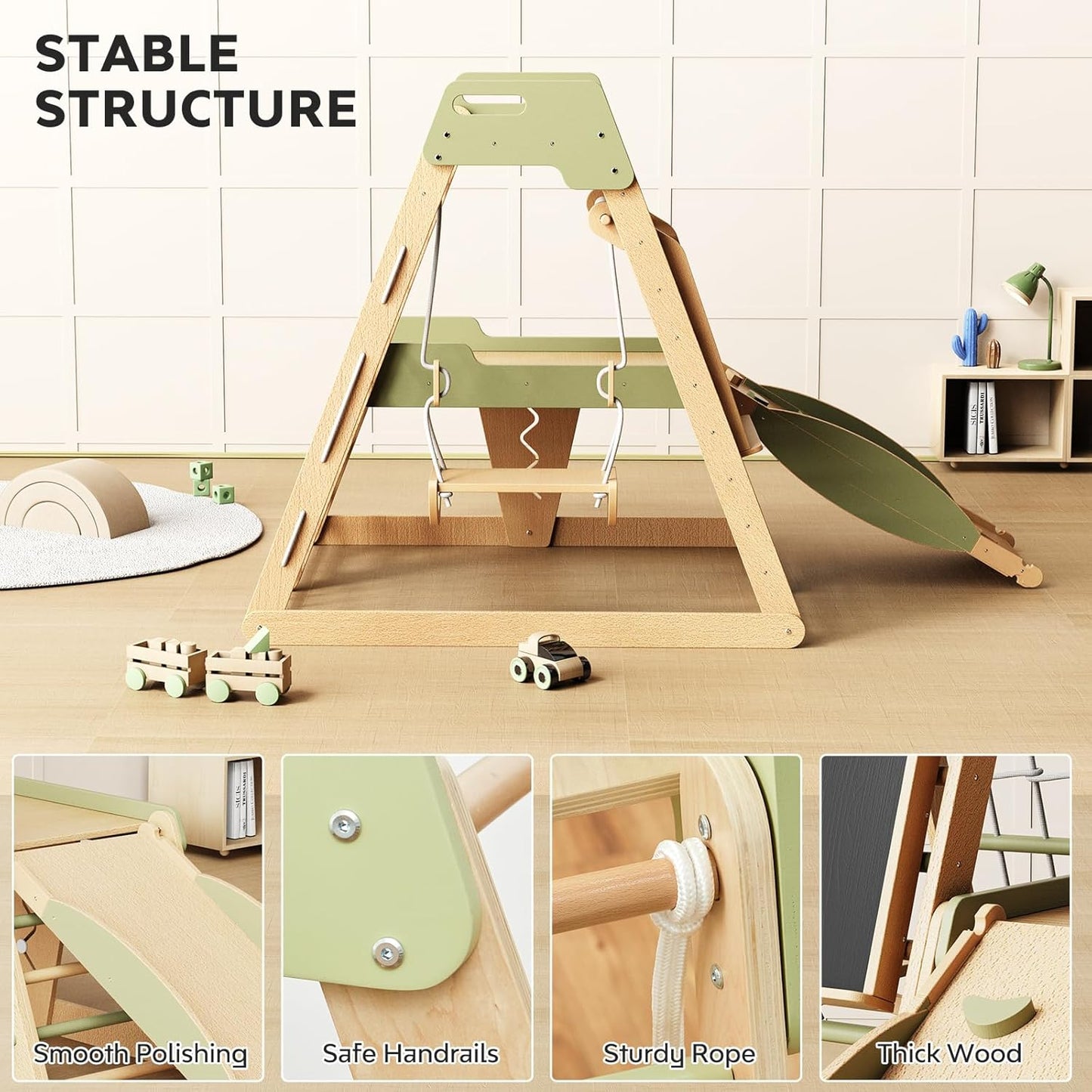 Indoor Playground 12-in-1 Jungle Gym Kids Climbing Toys, Montessori Wooden Climber Playset with Slide