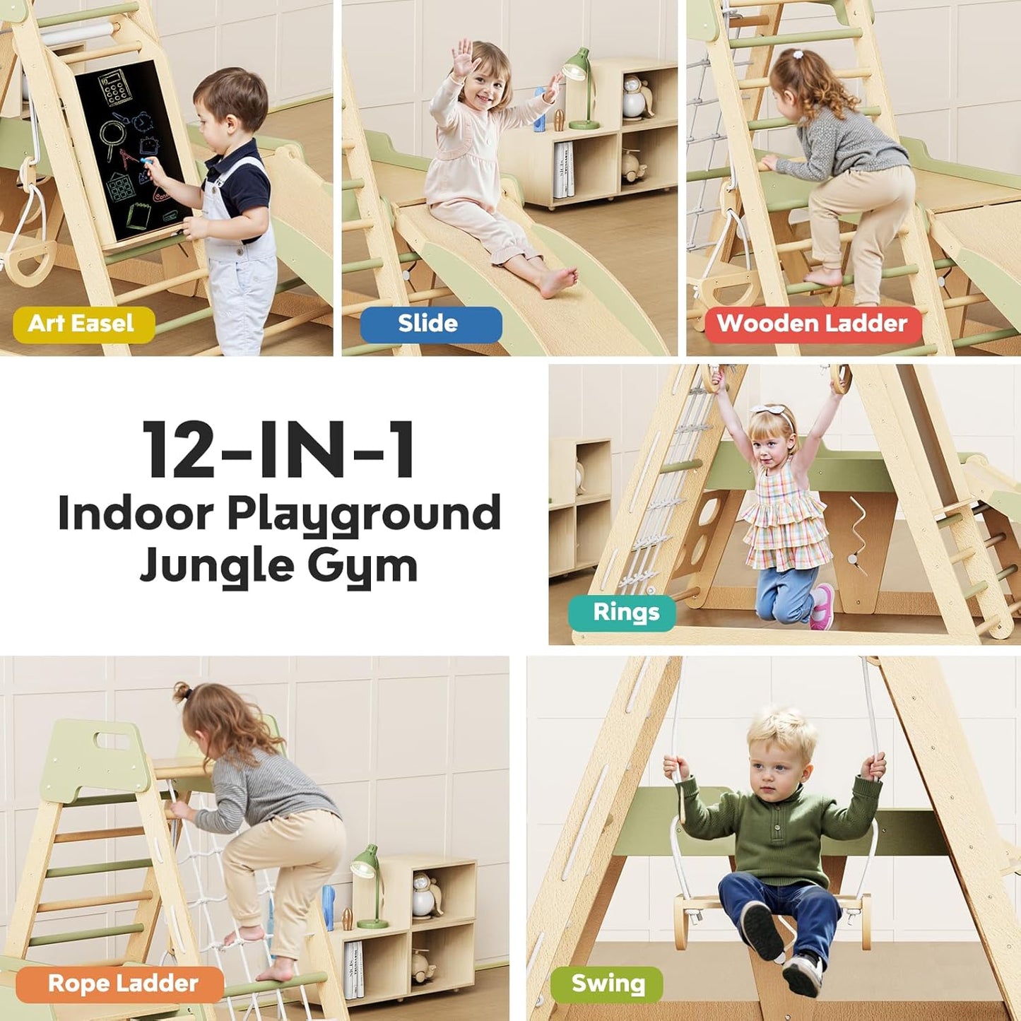 Indoor Playground 12-in-1 Jungle Gym Kids Climbing Toys, Montessori Wooden Climber Playset with Slide