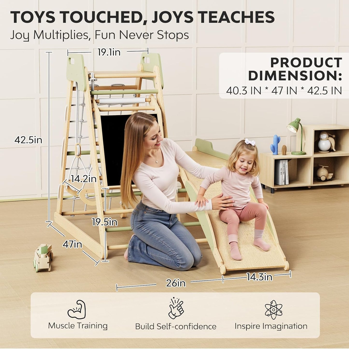 Indoor Playground 12-in-1 Jungle Gym Kids Climbing Toys, Montessori Wooden Climber Playset with Slide