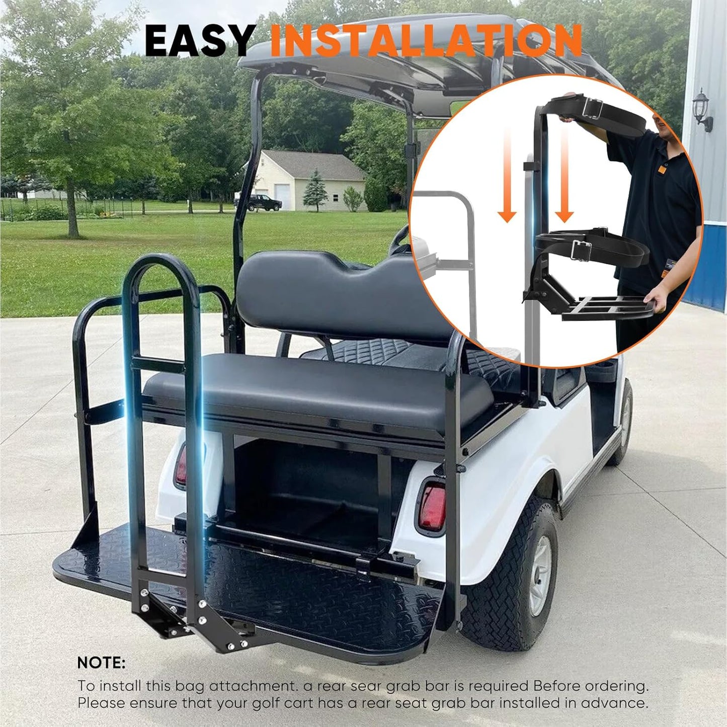 Universal Golf Cart Rear Seat Bag Holder Rack Compatible with Club Car/EZGO/Yamaha, Fits Safety Grab Bar