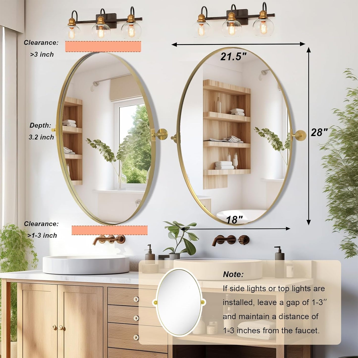 Pivot Oval Mirror 28', Tilting Adjustable Gold Bathroom Mirror for Wall, Oval Metal Frame Vanity Mirrors