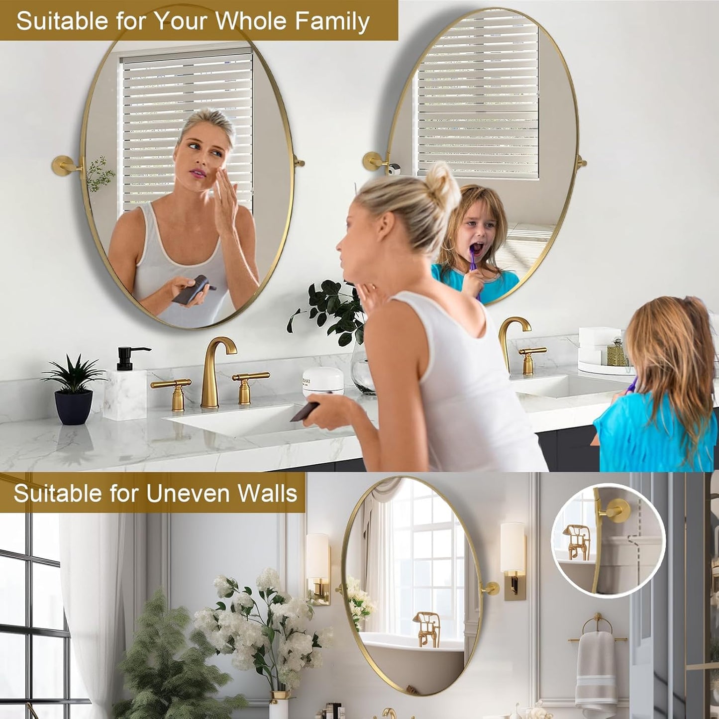 Pivot Oval Mirror 28', Tilting Adjustable Gold Bathroom Mirror for Wall, Oval Metal Frame Vanity Mirrors