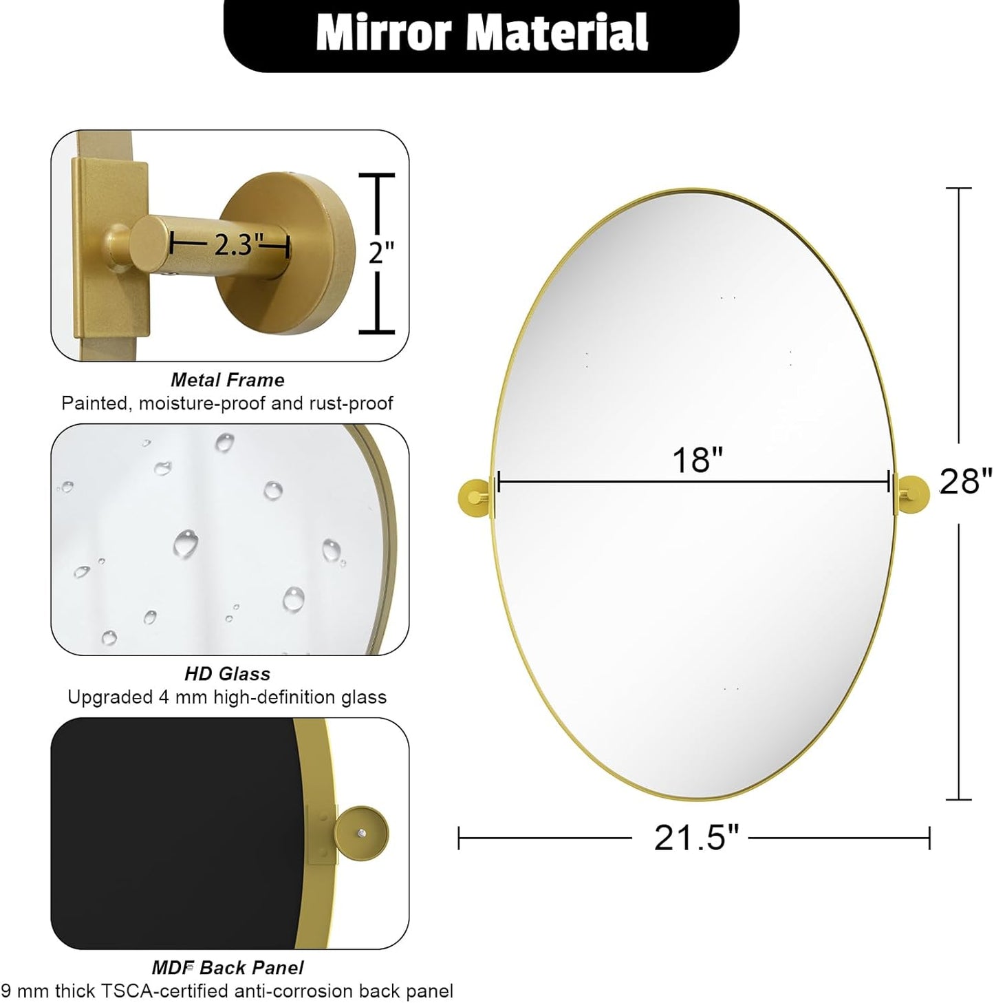 Pivot Oval Mirror 28', Tilting Adjustable Gold Bathroom Mirror for Wall, Oval Metal Frame Vanity Mirrors