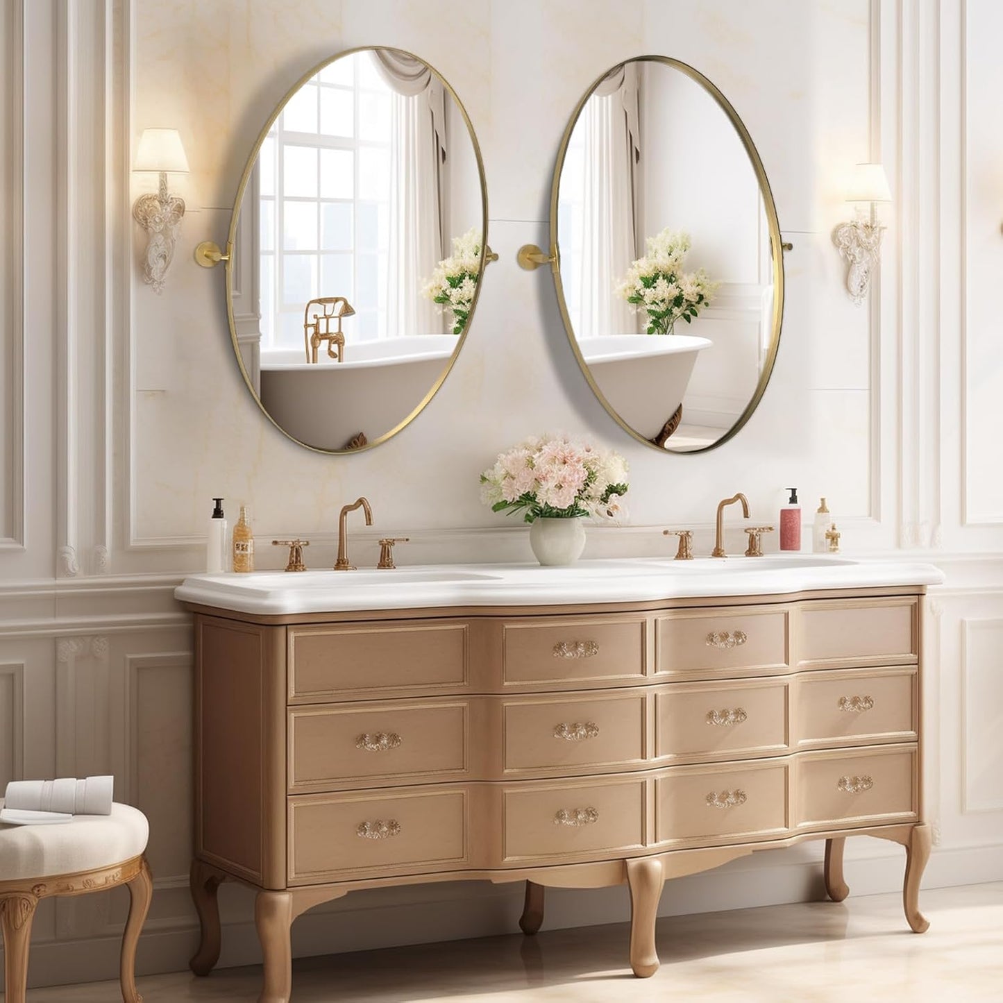 Pivot Oval Mirror 28', Tilting Adjustable Gold Bathroom Mirror for Wall, Oval Metal Frame Vanity Mirrors